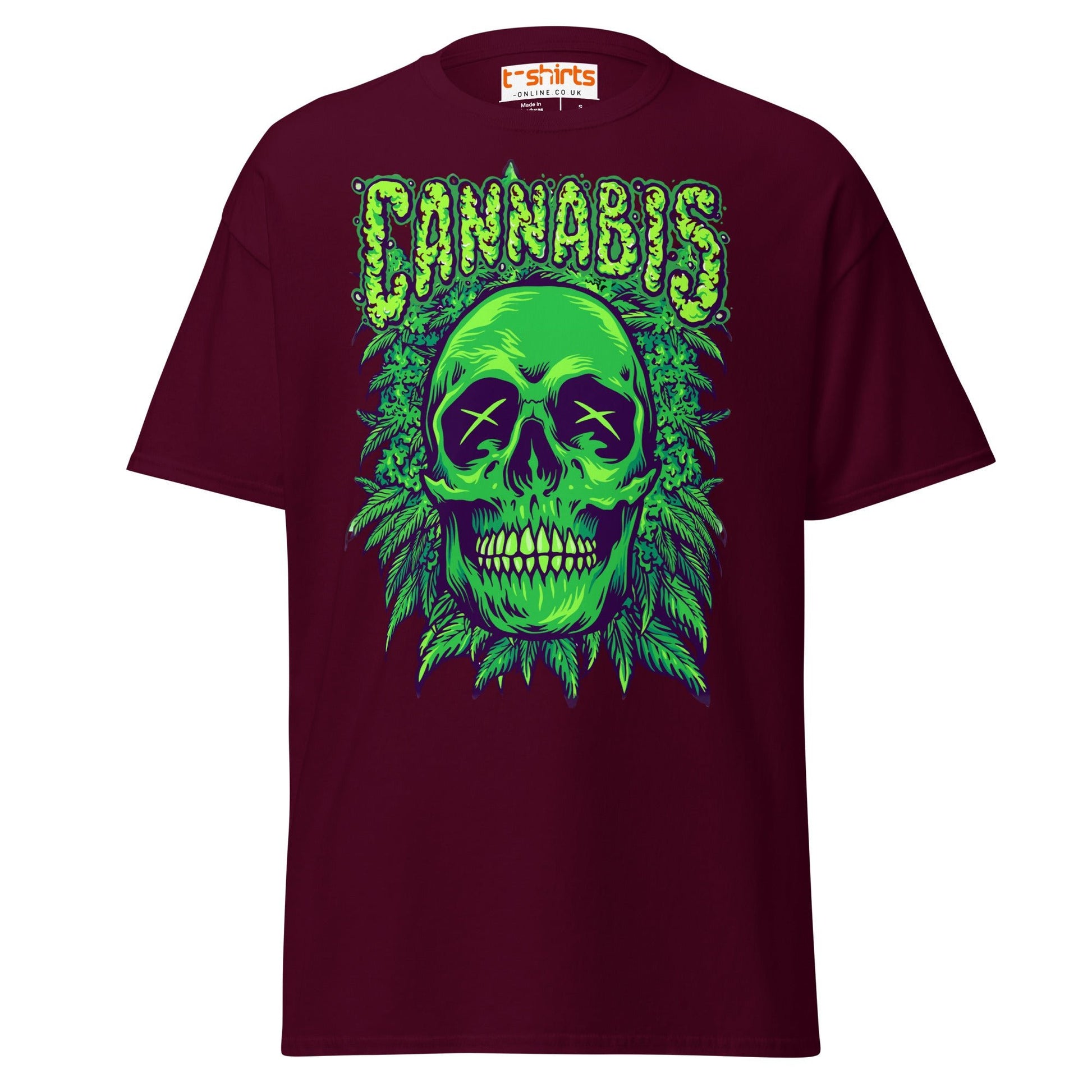 Cannabis Skull T-Shirt – Bold Stoner Art Graphic Tee - Maroon - T-Shirts Online