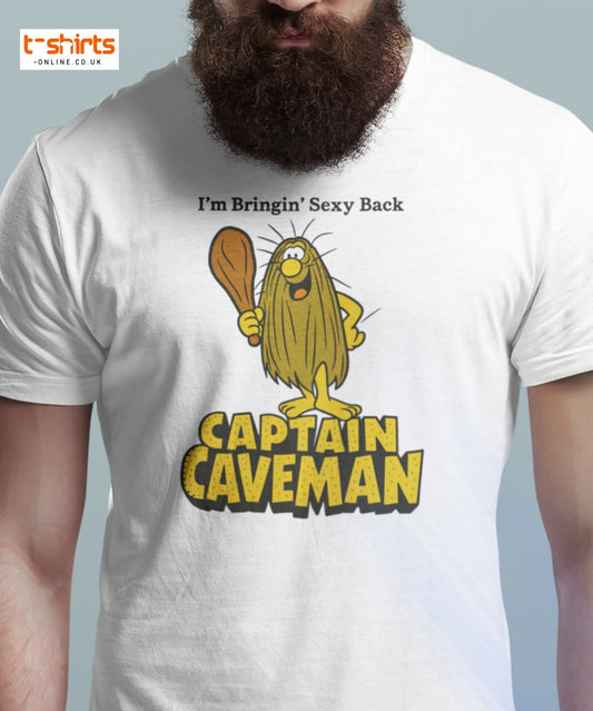 White t-shirt with Captain Caveman graphic and text on a light gray background