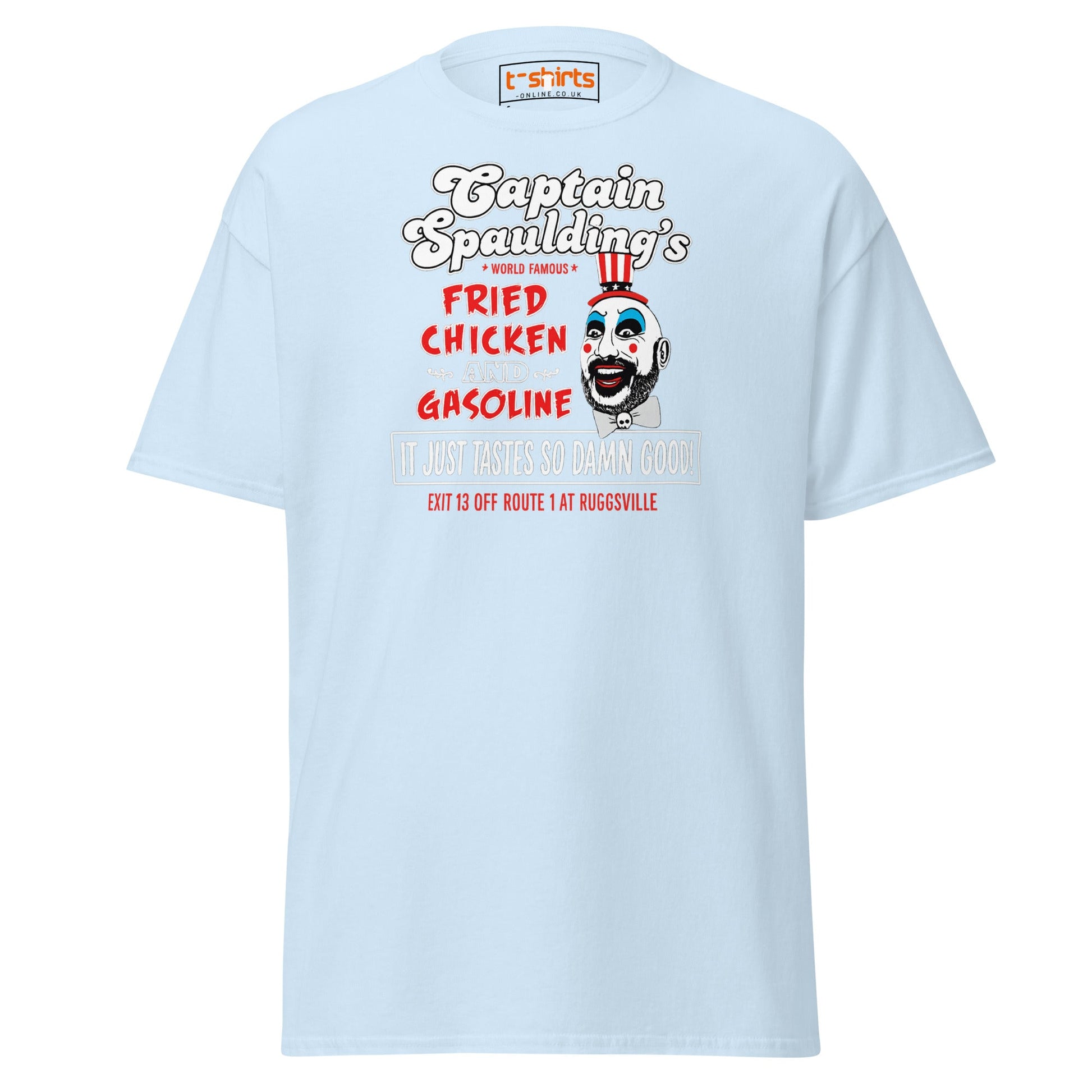 Captain Spaulding Fried Chicken & Gasoline Tee - Light Blue - T-Shirts Online