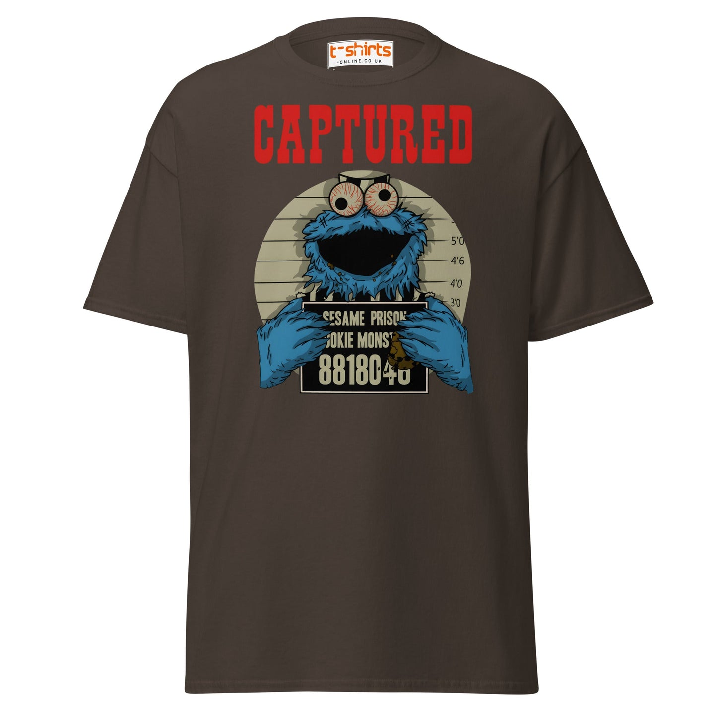 Captured Cookie Monster T-Shirt | Funny Mugshot Tee - Dark Chocolate - T-Shirts Online