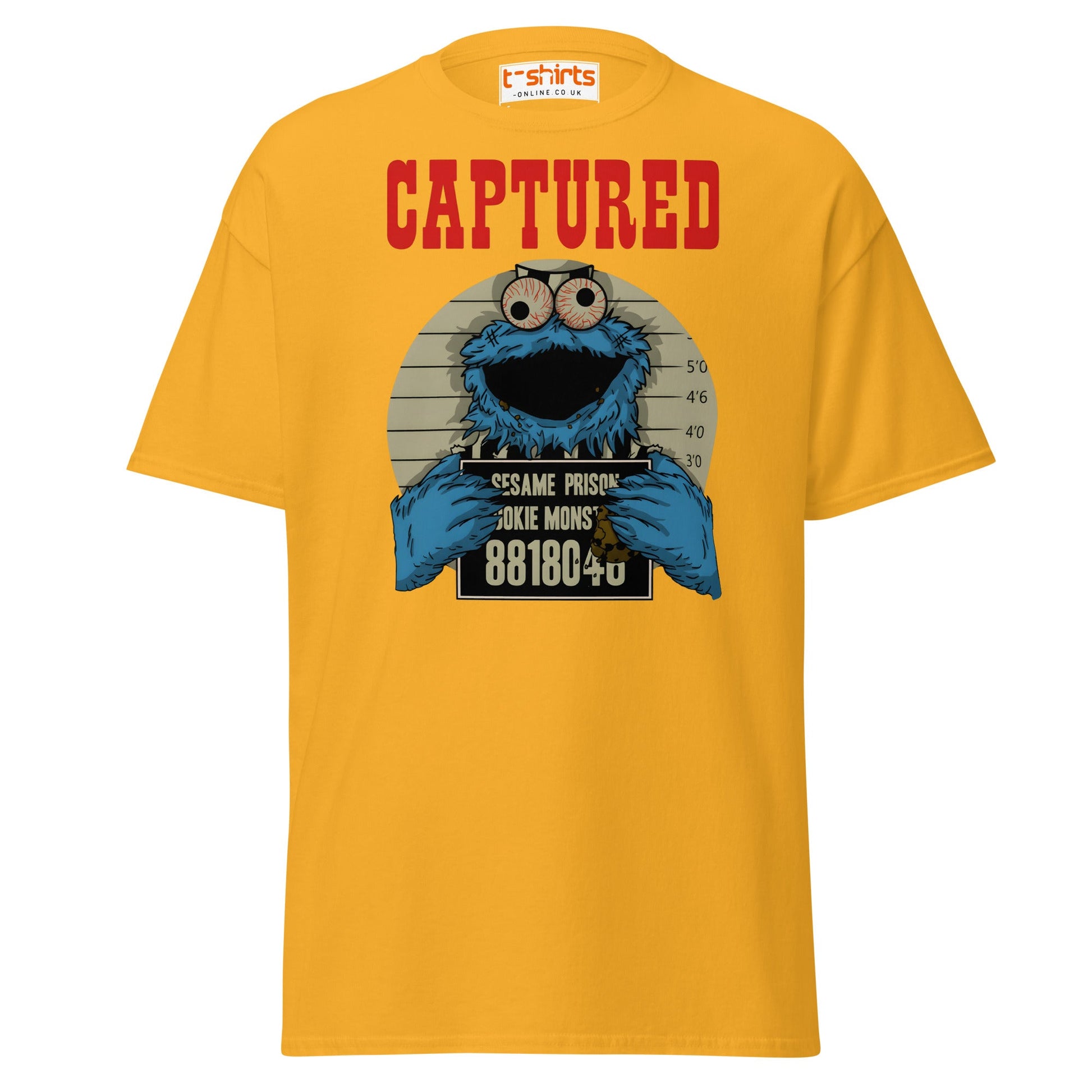 Captured Cookie Monster T-Shirt | Funny Mugshot Tee - Gold - T-Shirts Online