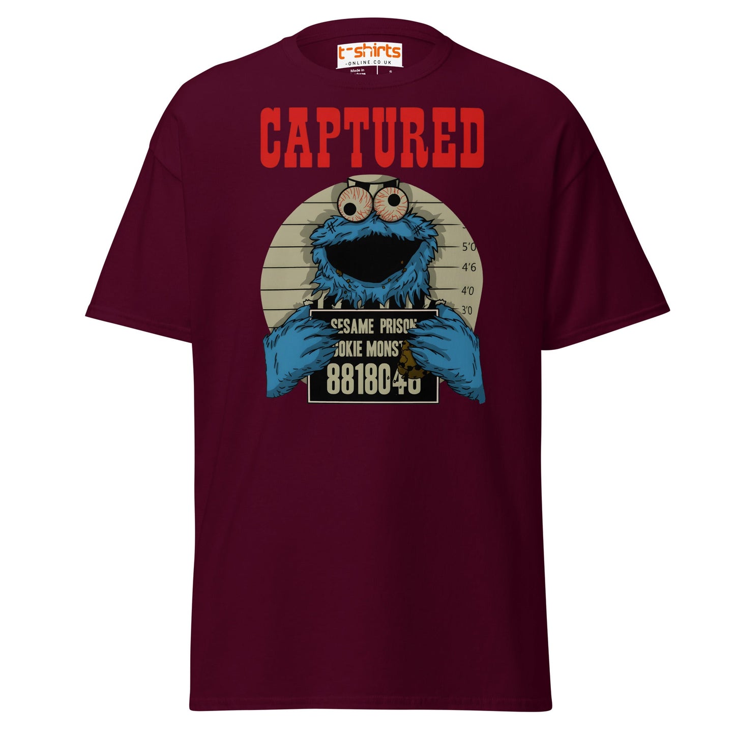 Captured Cookie Monster T-Shirt | Funny Mugshot Tee - Maroon - T-Shirts Online