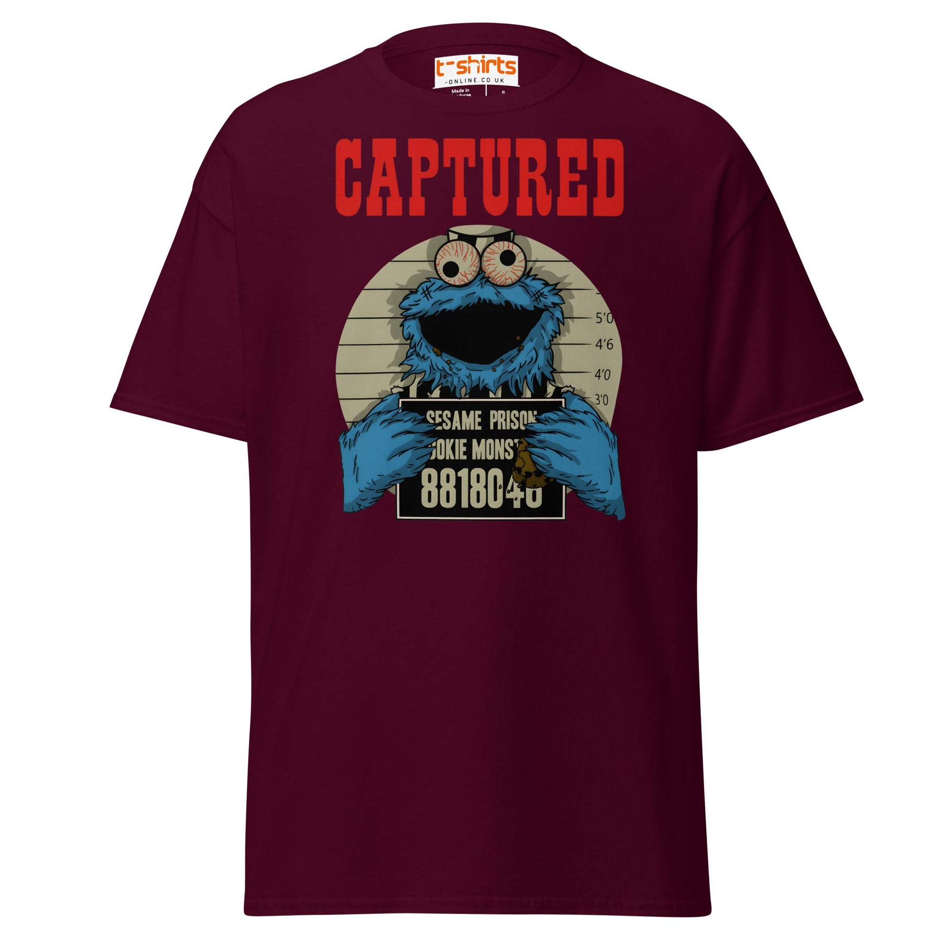 Captured Cookie Monster T-Shirt | Funny Mugshot Tee - Maroon - T-Shirts Online