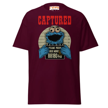 Captured Cookie Monster T-Shirt | Funny Mugshot Tee - Maroon - T-Shirts Online