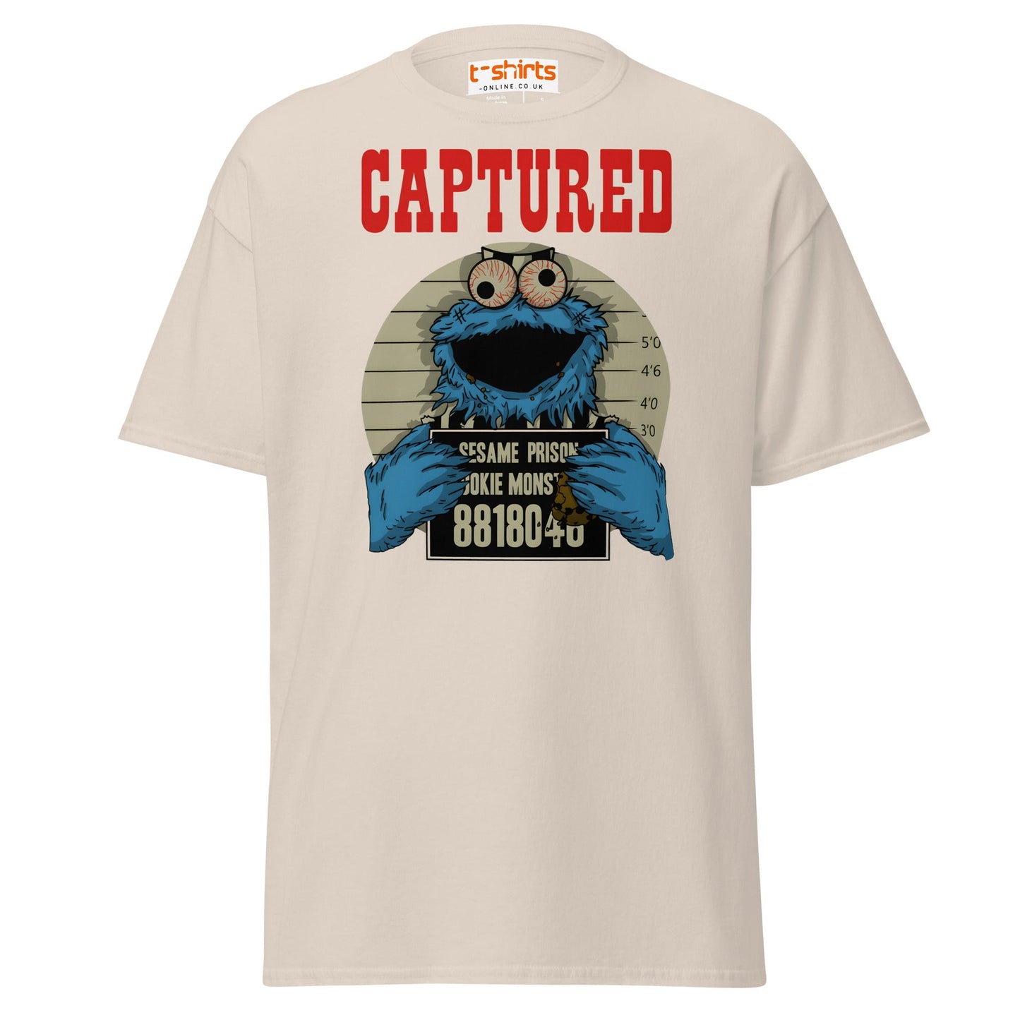 Captured Cookie Monster T-Shirt | Funny Mugshot Tee - Natural - T-Shirts Online