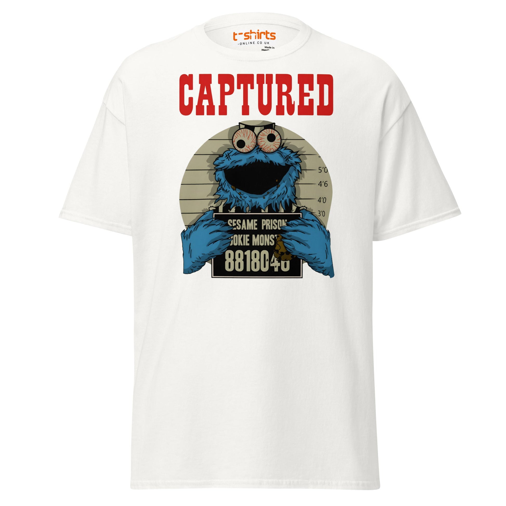 Captured Cookie Monster T-Shirt | Funny Mugshot Tee - White - T-Shirts Online