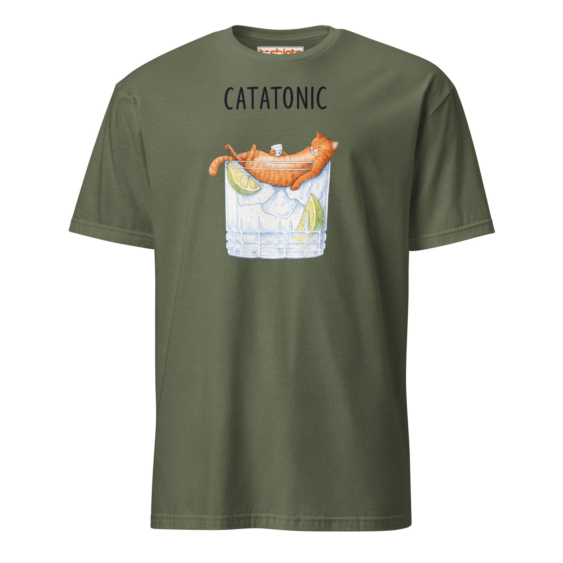 Catatonic T-Shirt – Funny Cocktail Cat Tee - Military Green - T-Shirts Online