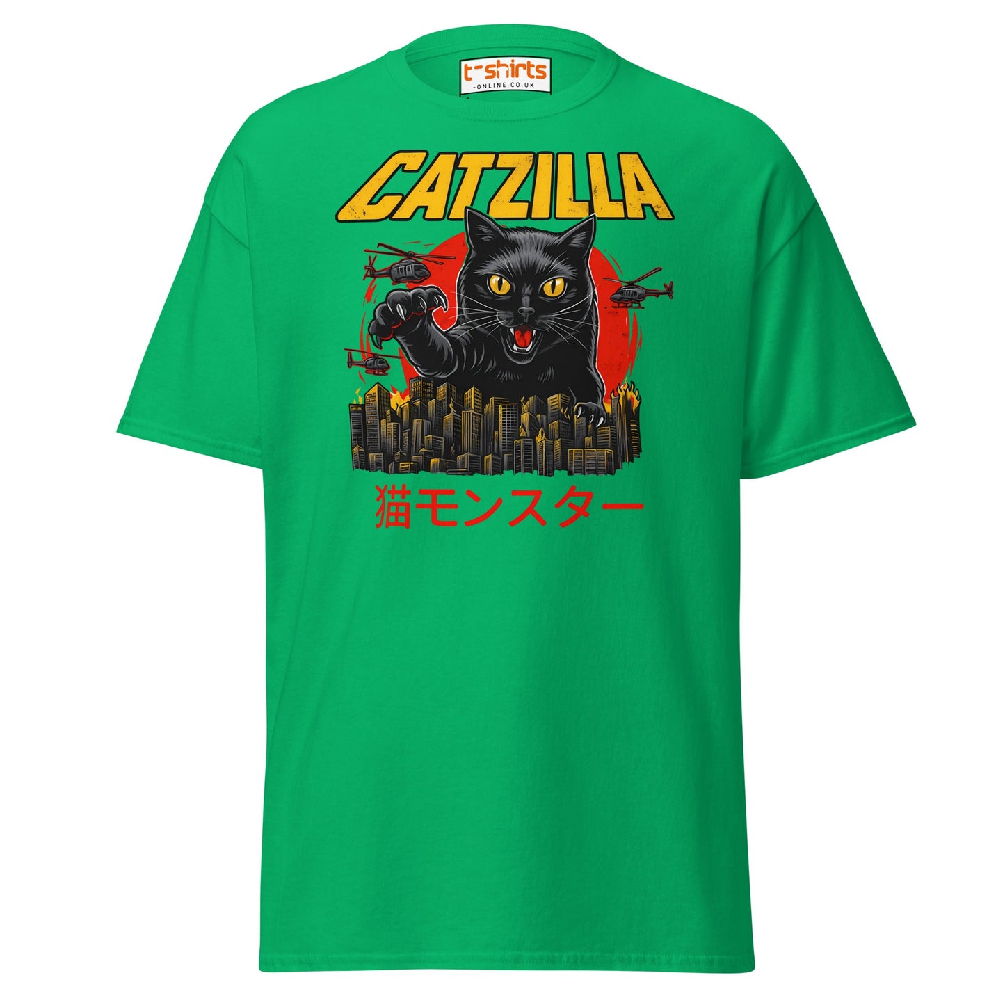 Catzilla T-Shirt – Funny Cat vs City Monster Tee - Irish Green - T-Shirts Online