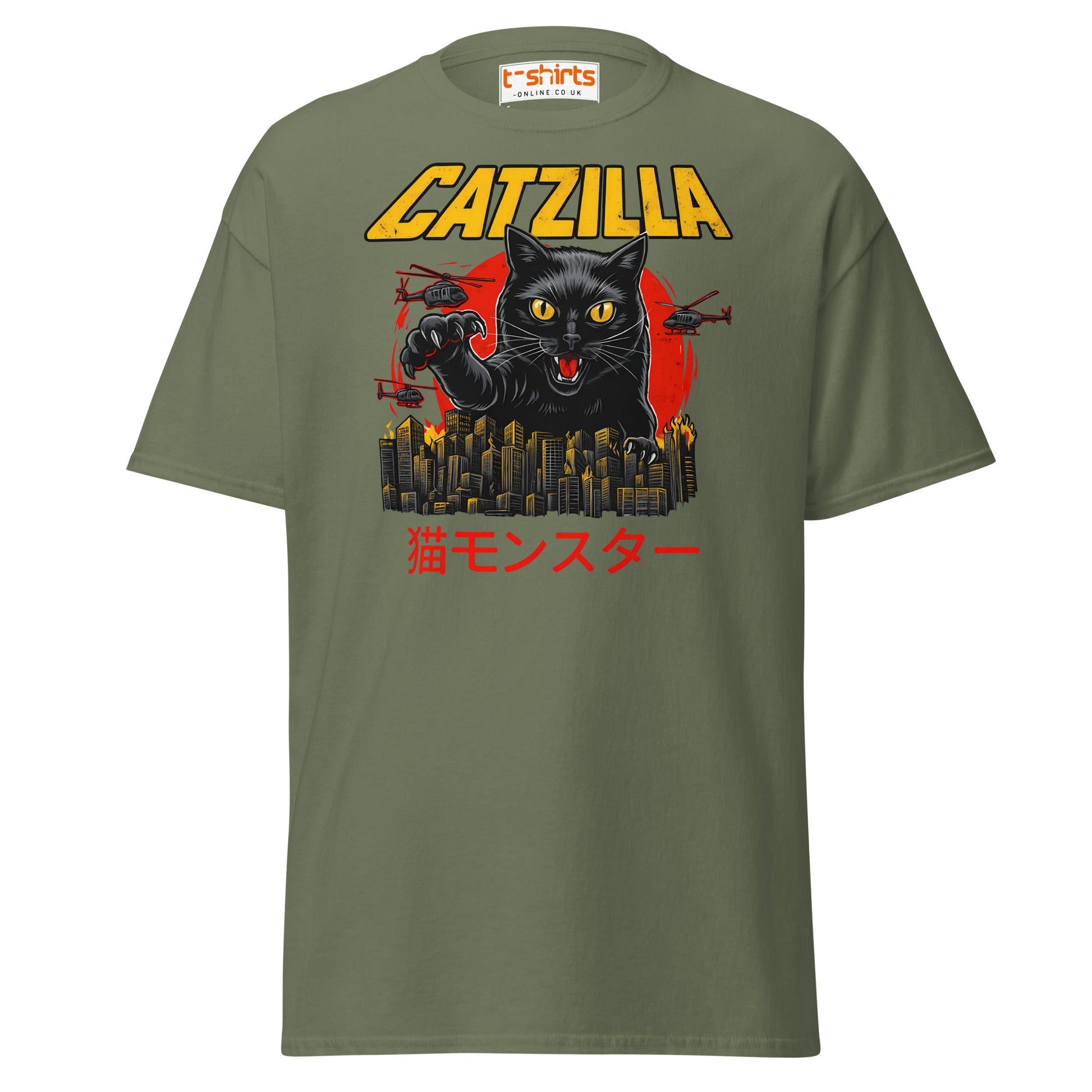 Catzilla T-Shirt – Funny Cat vs City Monster Tee - Military Green - T-Shirts Online