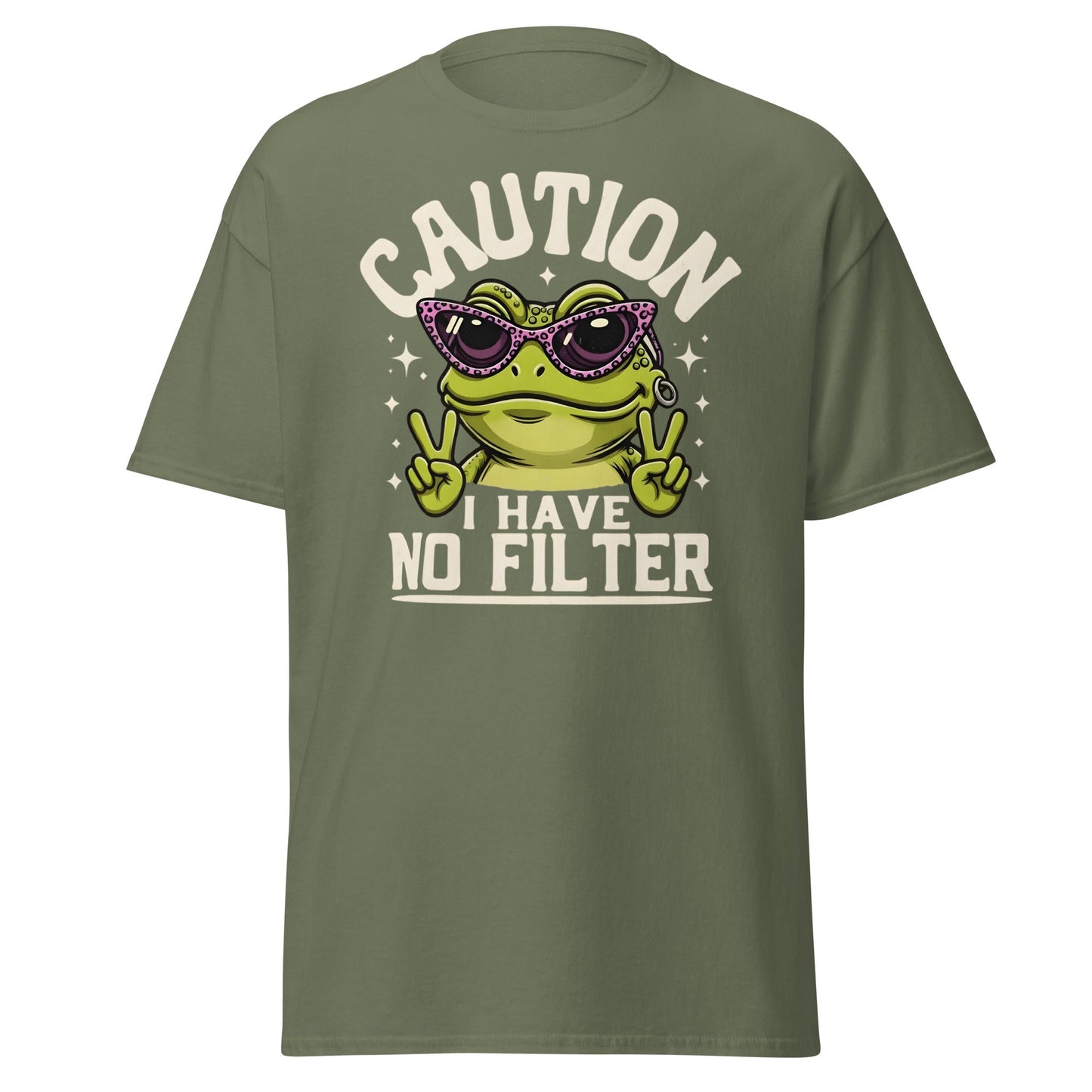 Caution Frog No Filter T-Shirt Funny Meme Tee - Military Green - T-Shirts Online