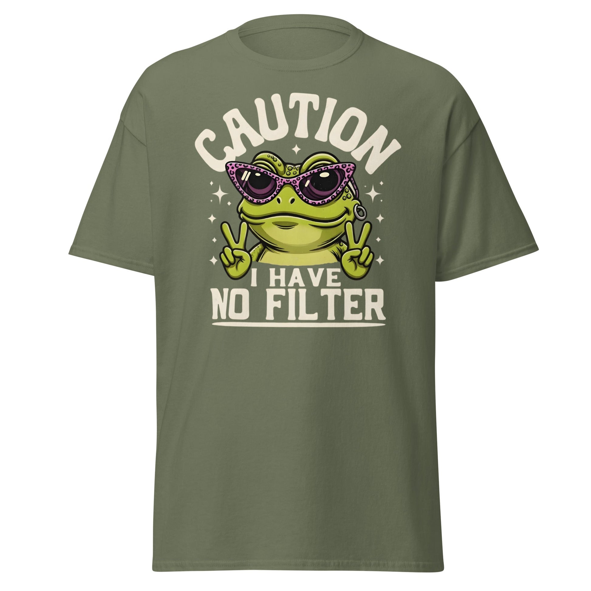Caution Frog No Filter T-Shirt Funny Meme Tee - Military Green - T-Shirts Online