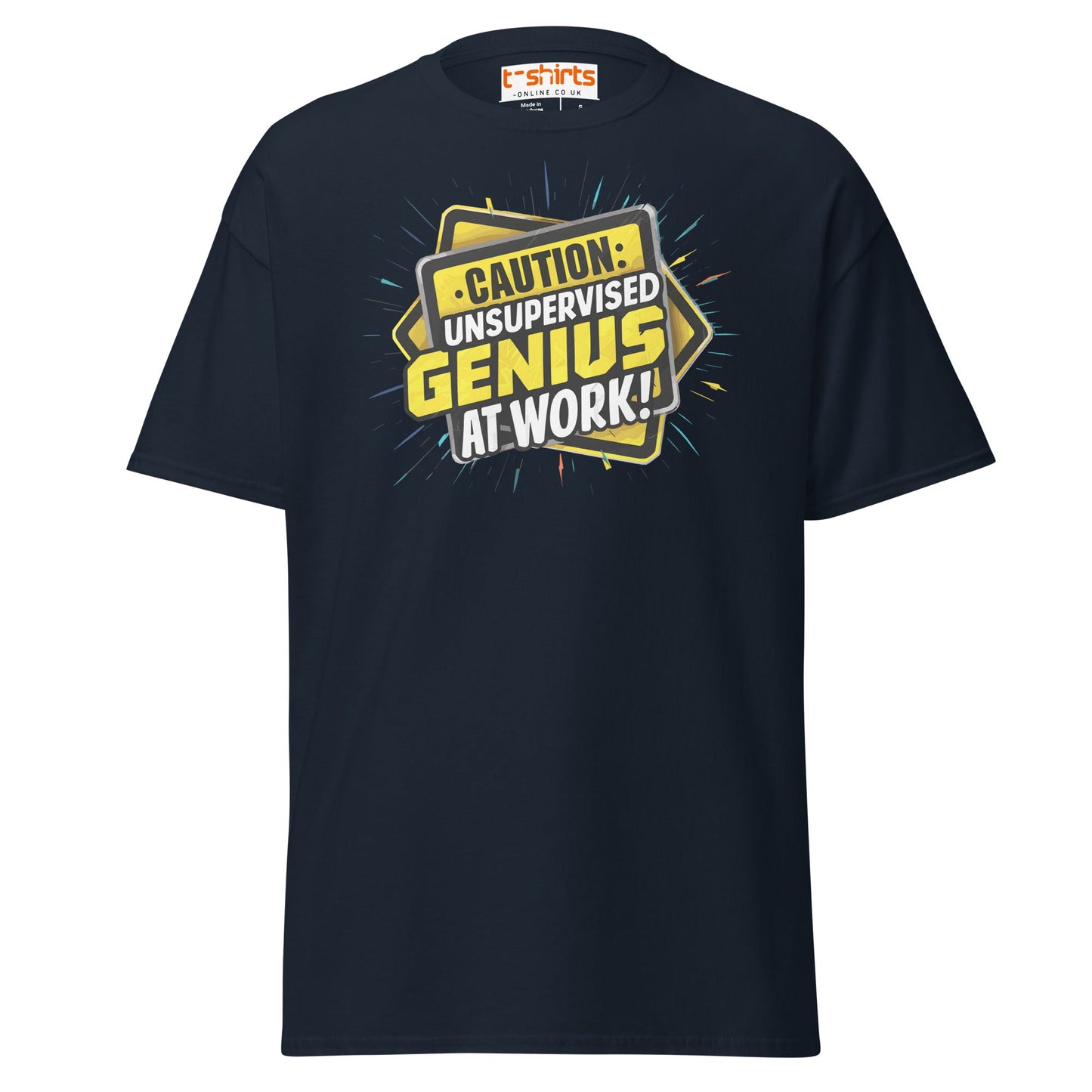 Caution Unsupervised Genius T-Shirt | Funny Work Tee - Navy - T-Shirts Online