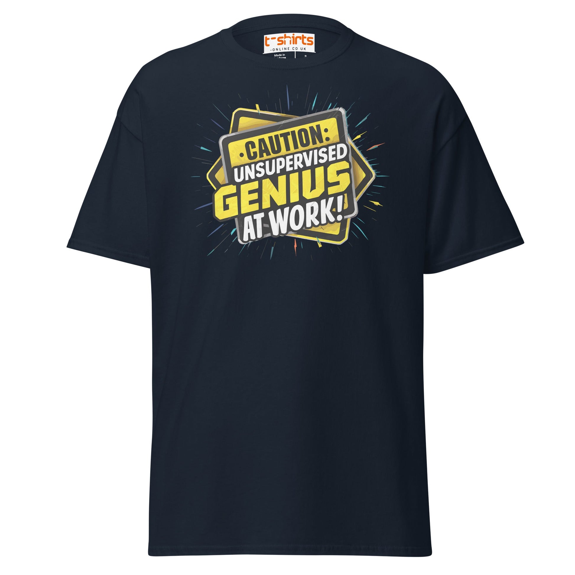 Caution Unsupervised Genius T-Shirt | Funny Work Tee - Navy - T-Shirts Online