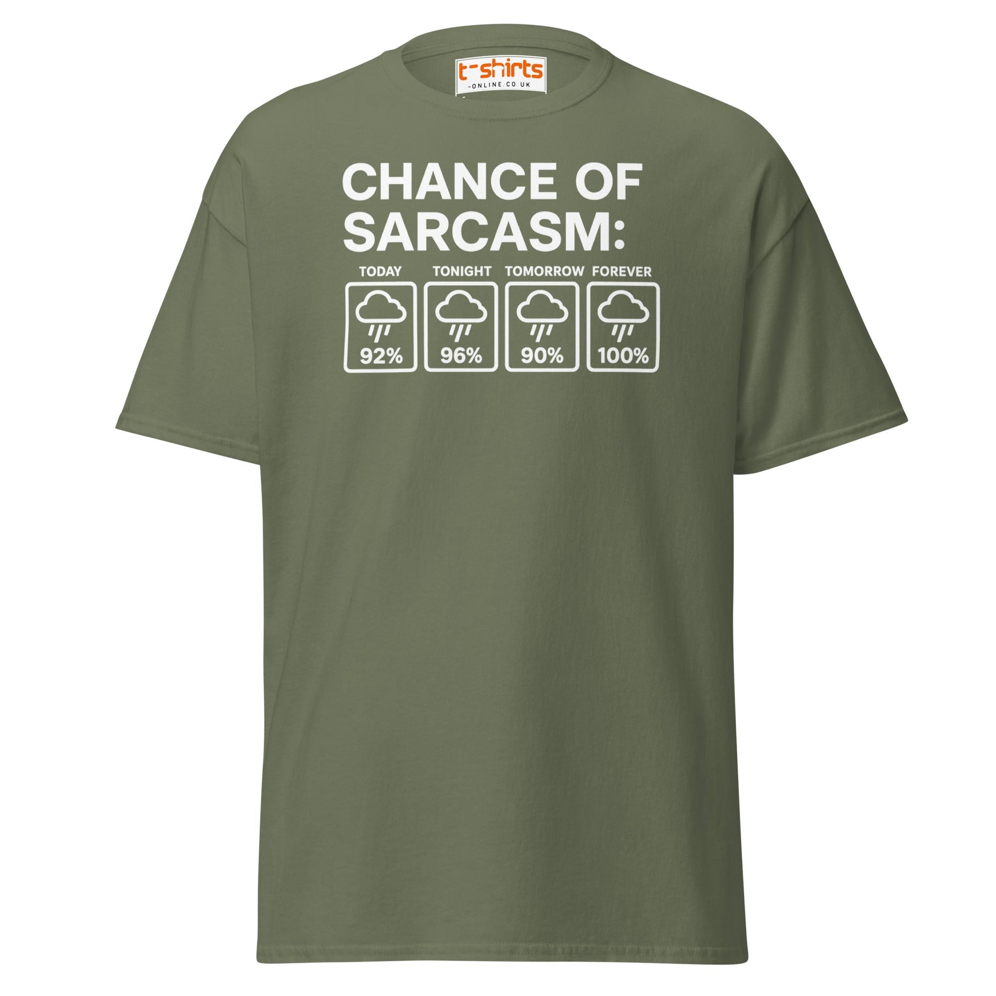 Chance of Sarcasm T-Shirt – Funny Weather Graphic - Military Green - T-Shirts Online