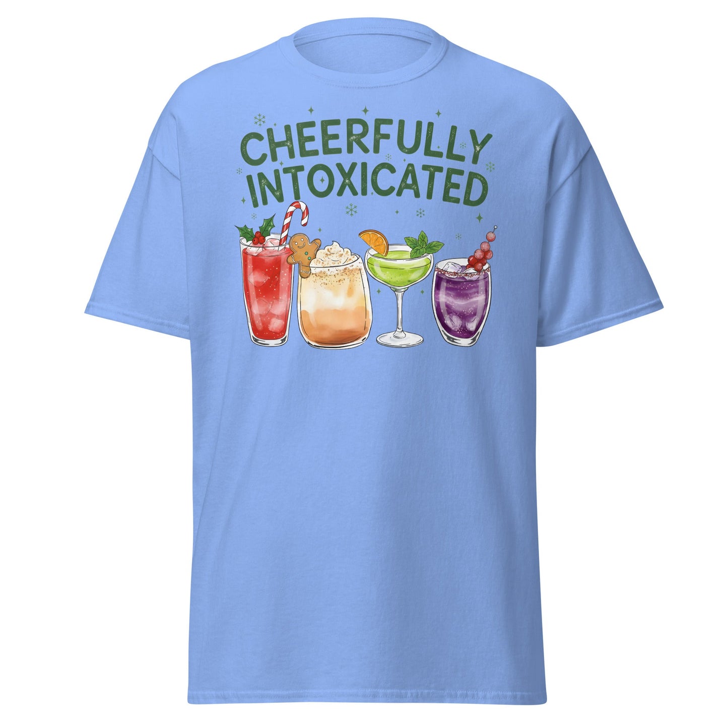 Cheerfully Intoxicated Funny Holiday Cocktail T-Shirt - Carolina Blue - T-Shirts Online