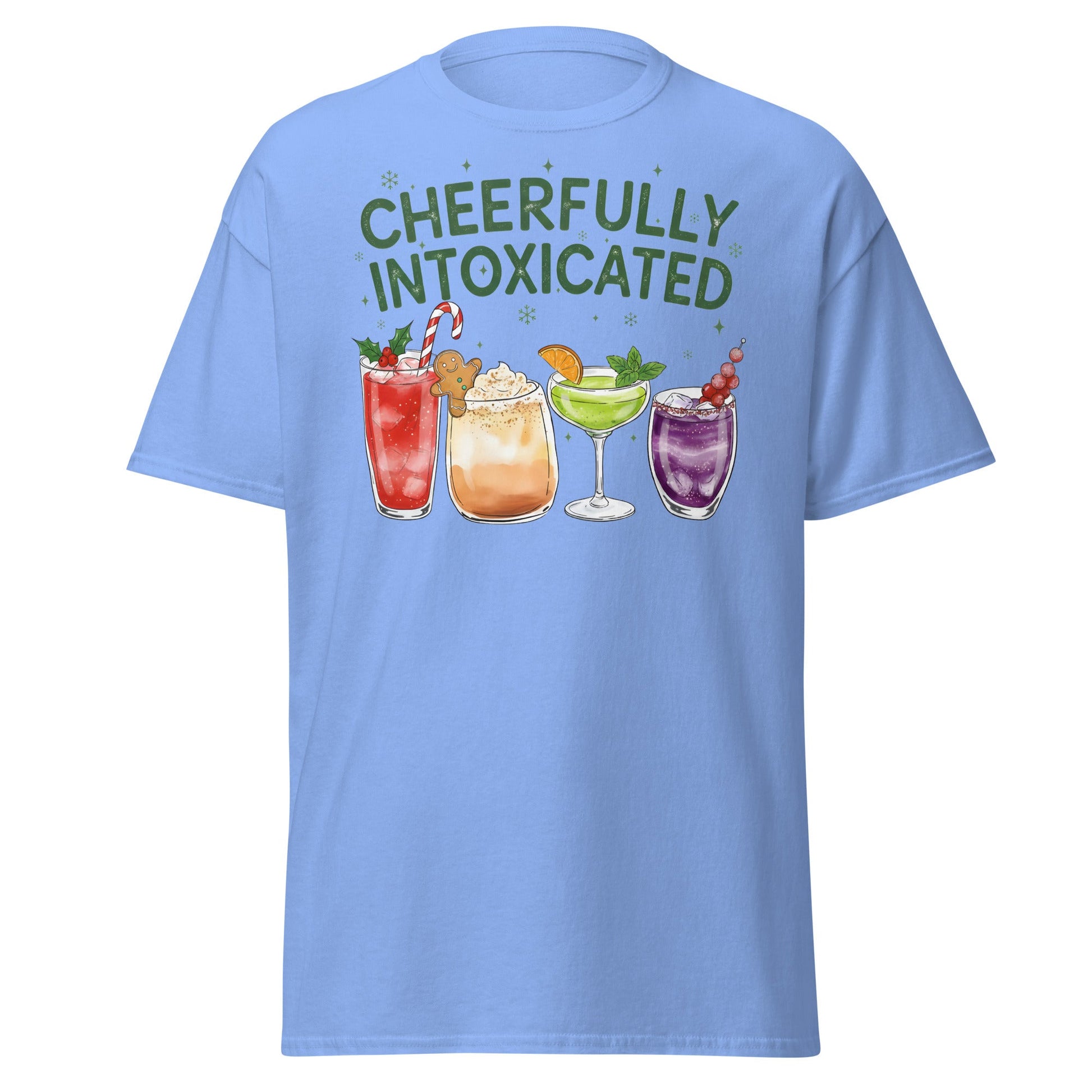 Cheerfully Intoxicated Funny Holiday Cocktail T-Shirt - Carolina Blue - T-Shirts Online