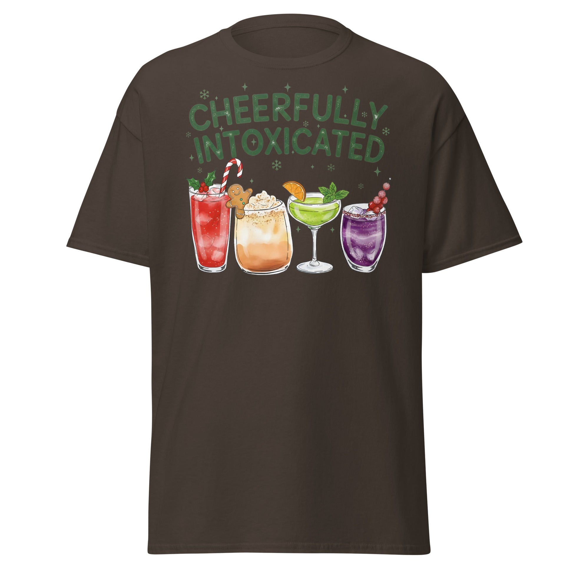 Cheerfully Intoxicated Funny Holiday Cocktail T-Shirt - Dark Chocolate - T-Shirts Online