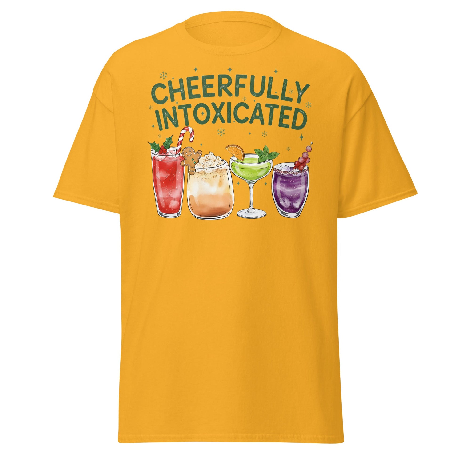 Cheerfully Intoxicated Funny Holiday Cocktail T-Shirt - Gold - T-Shirts Online