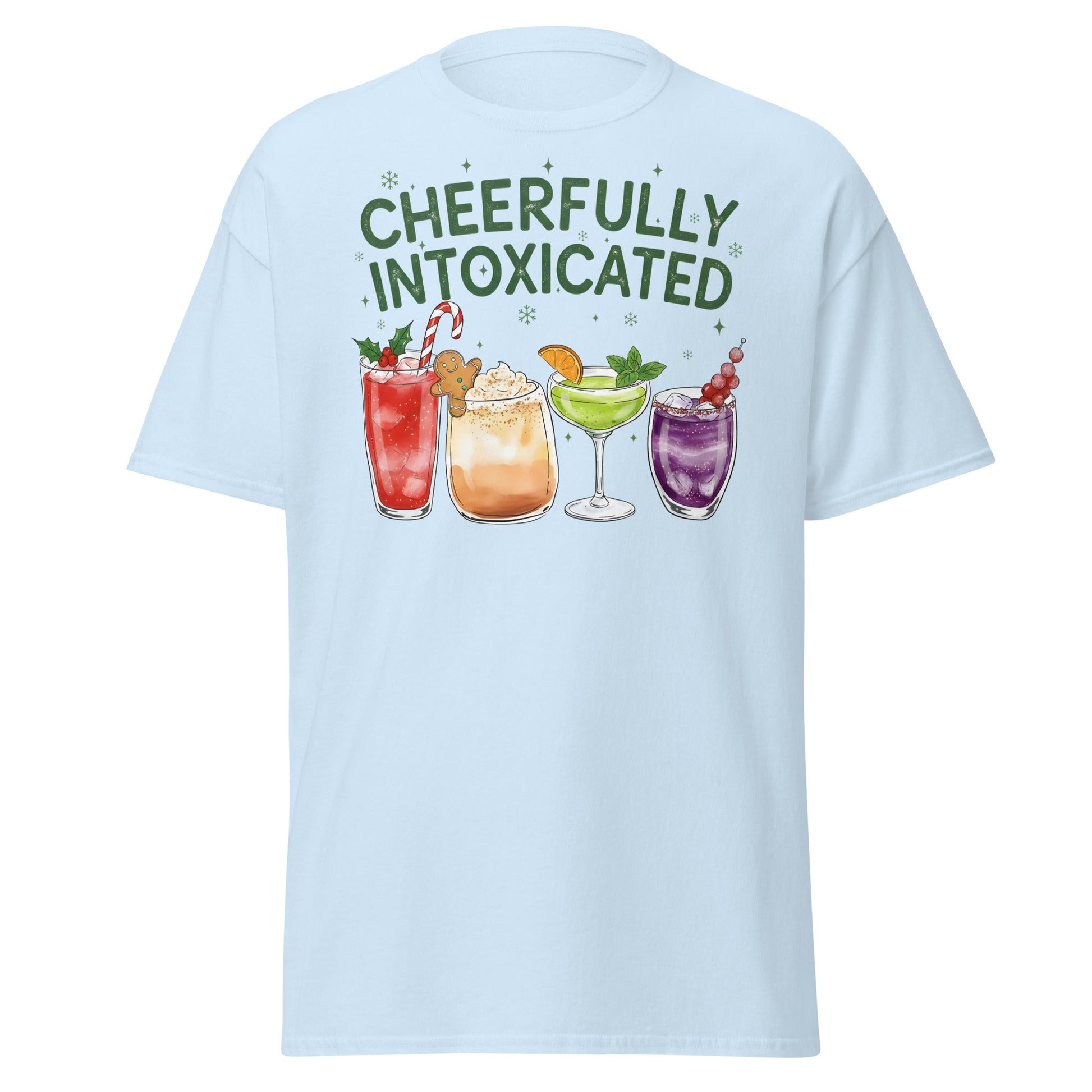 Cheerfully Intoxicated Funny Holiday Cocktail T-Shirt - Light Blue - T-Shirts Online
