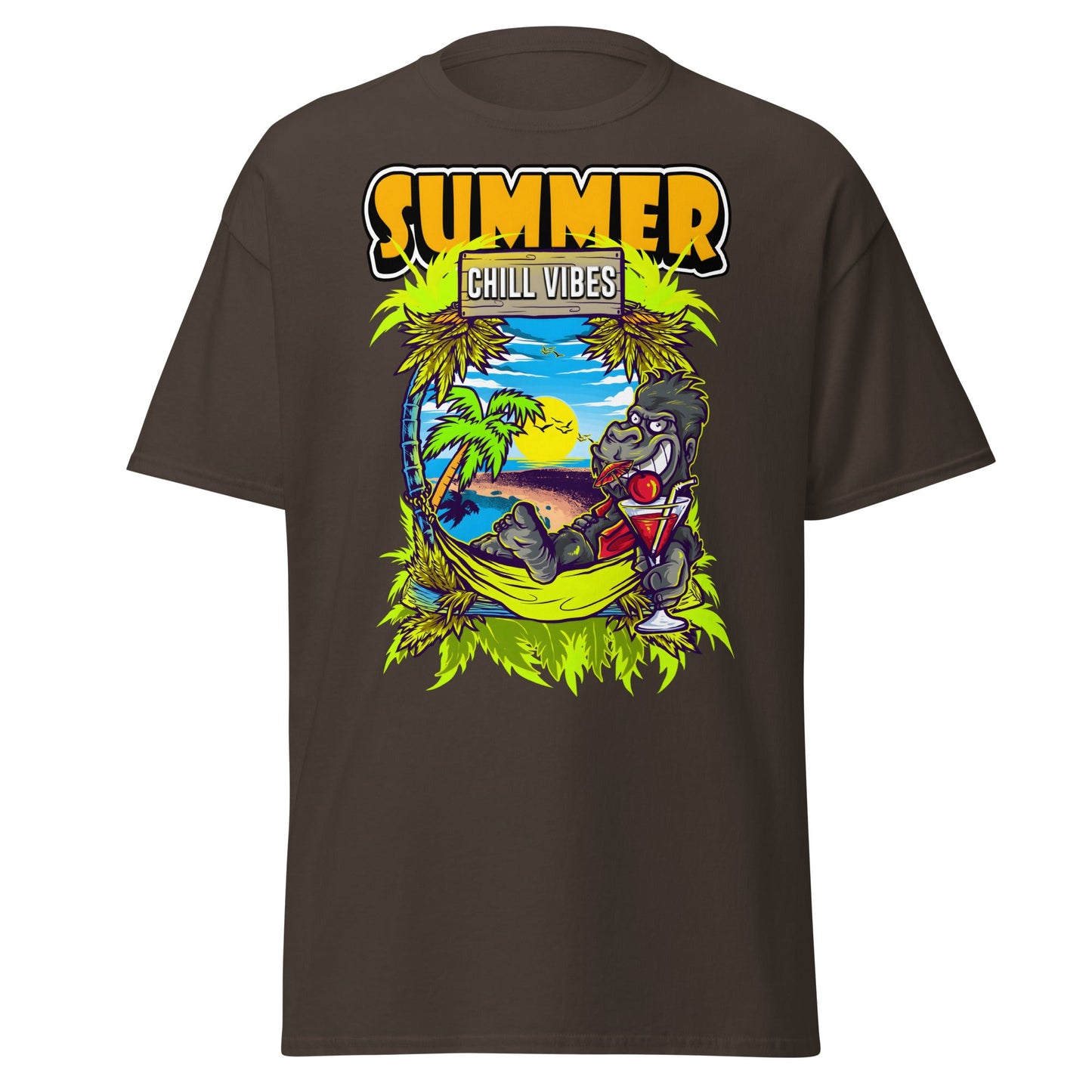 Chill Vibes Gorilla Summer T-Shirt Tropical Vacation Tee - Dark Chocolate - T-Shirts Online