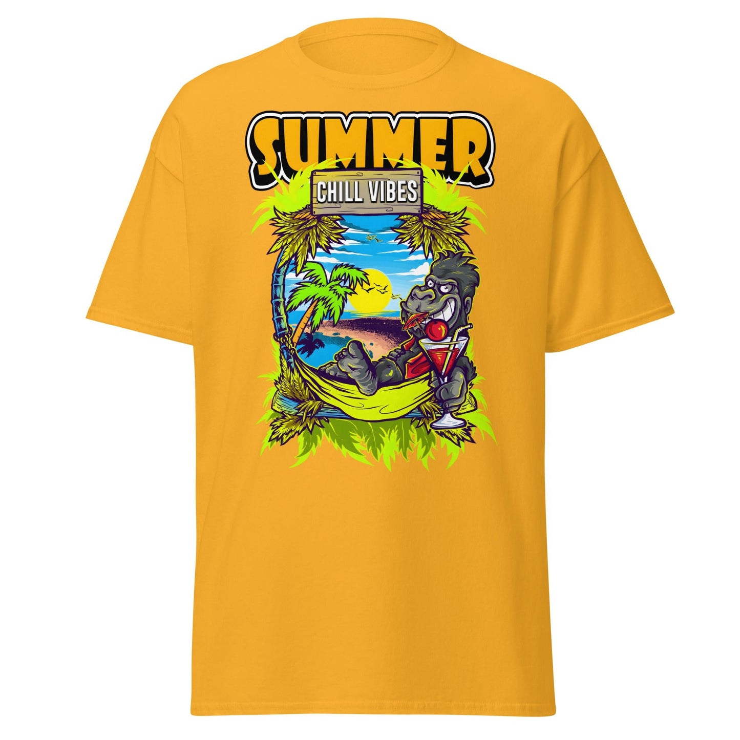 Chill Vibes Gorilla Summer T-Shirt Tropical Vacation Tee - Gold - T-Shirts Online