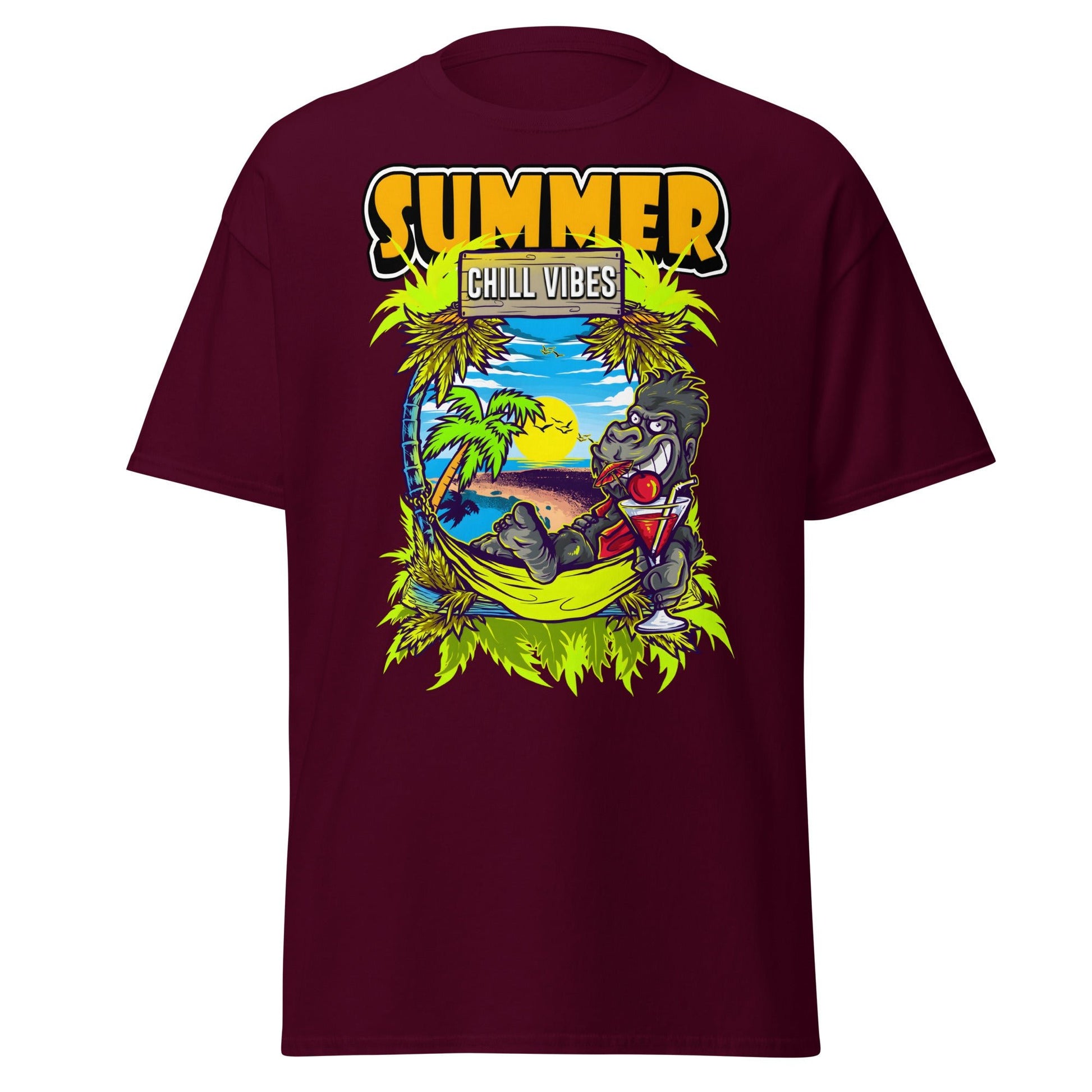 Chill Vibes Gorilla Summer T-Shirt Tropical Vacation Tee - Maroon - T-Shirts Online