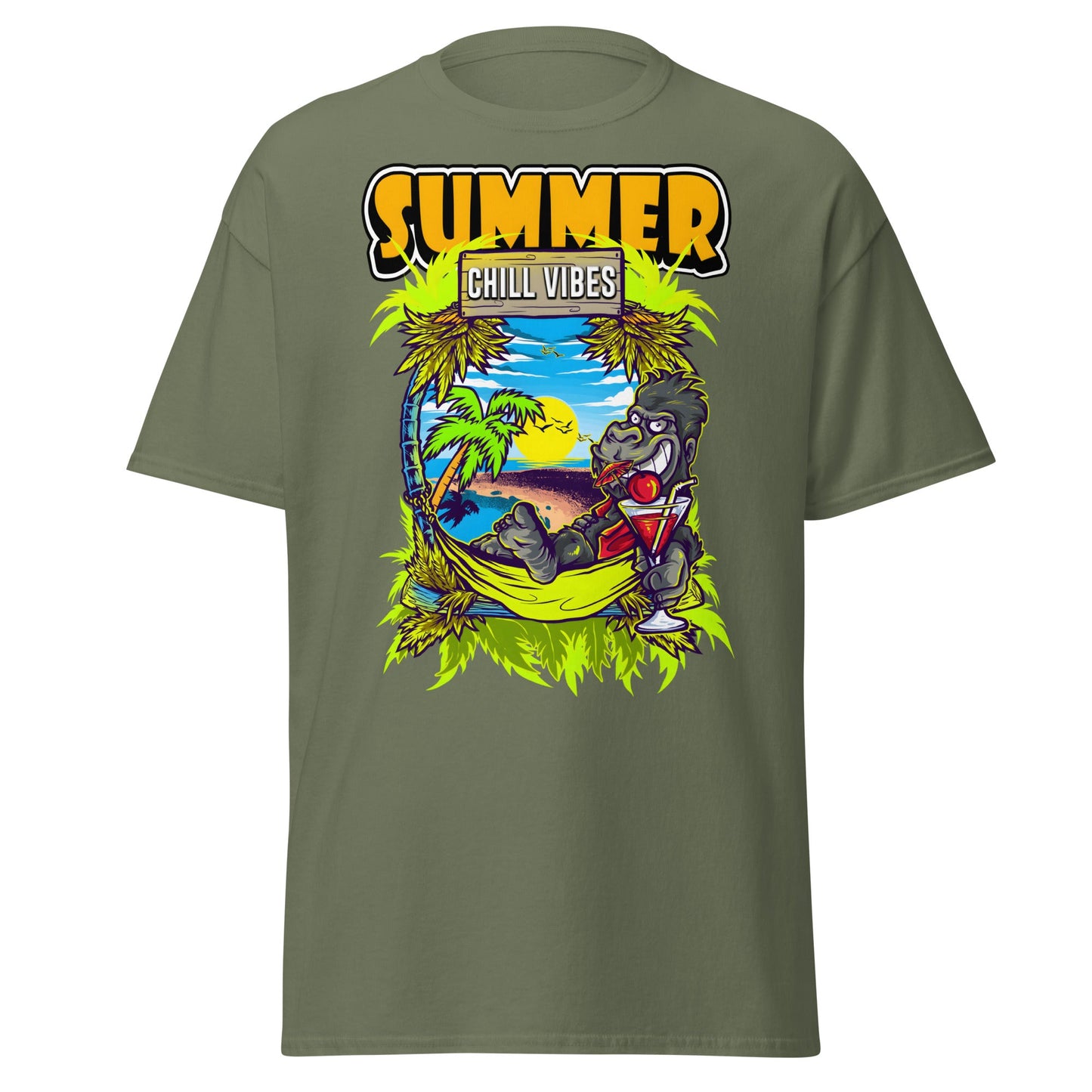 Chill Vibes Gorilla Summer T-Shirt Tropical Vacation Tee - Military Green - T-Shirts Online