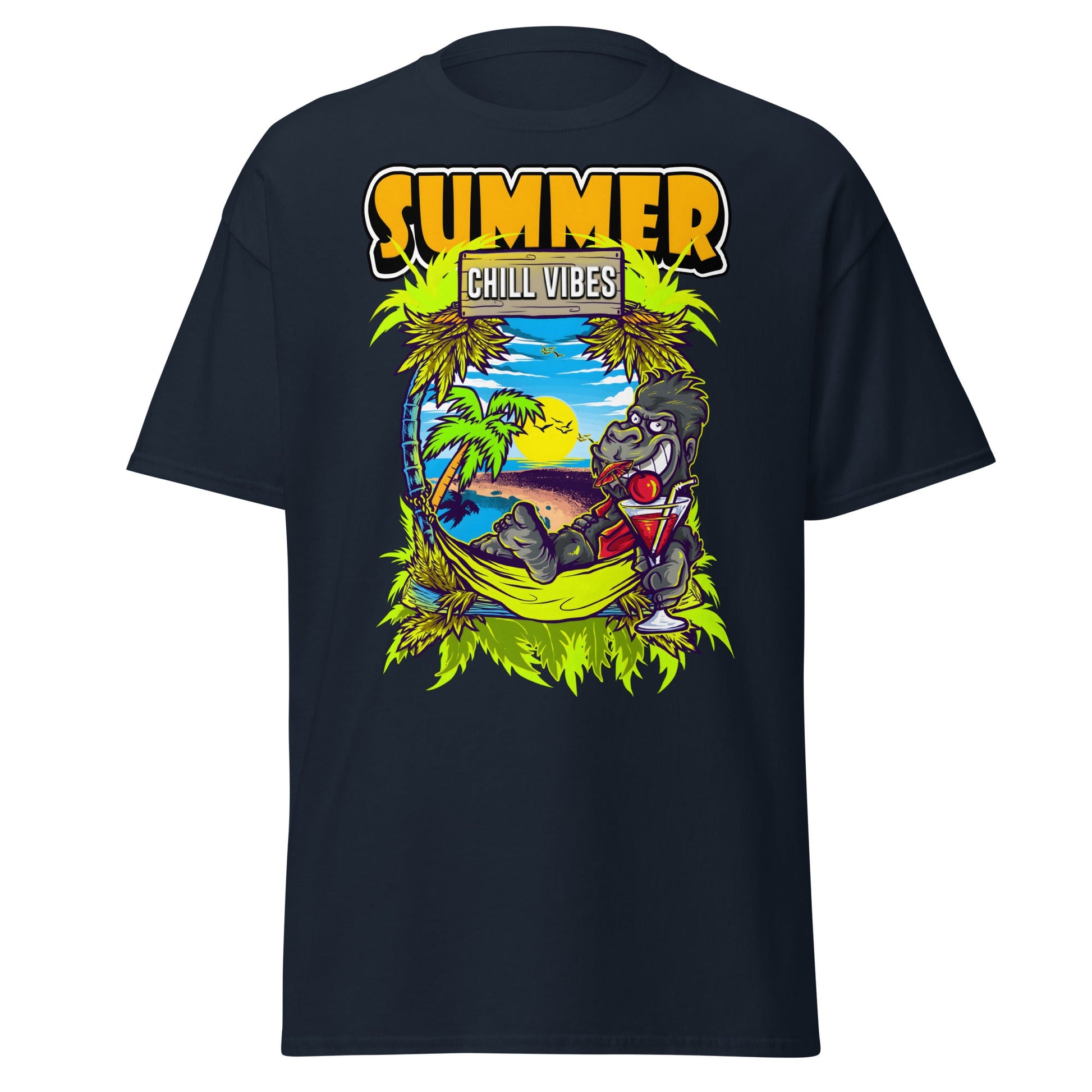 Chill Vibes Gorilla Summer T-Shirt Tropical Vacation Tee - Navy - T-Shirts Online