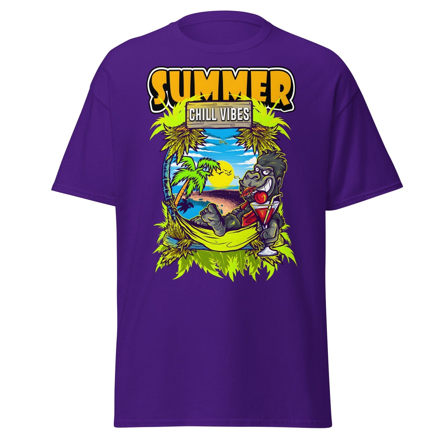 Chill Vibes Gorilla Summer T-Shirt Tropical Vacation Tee - Purple - T-Shirts Online