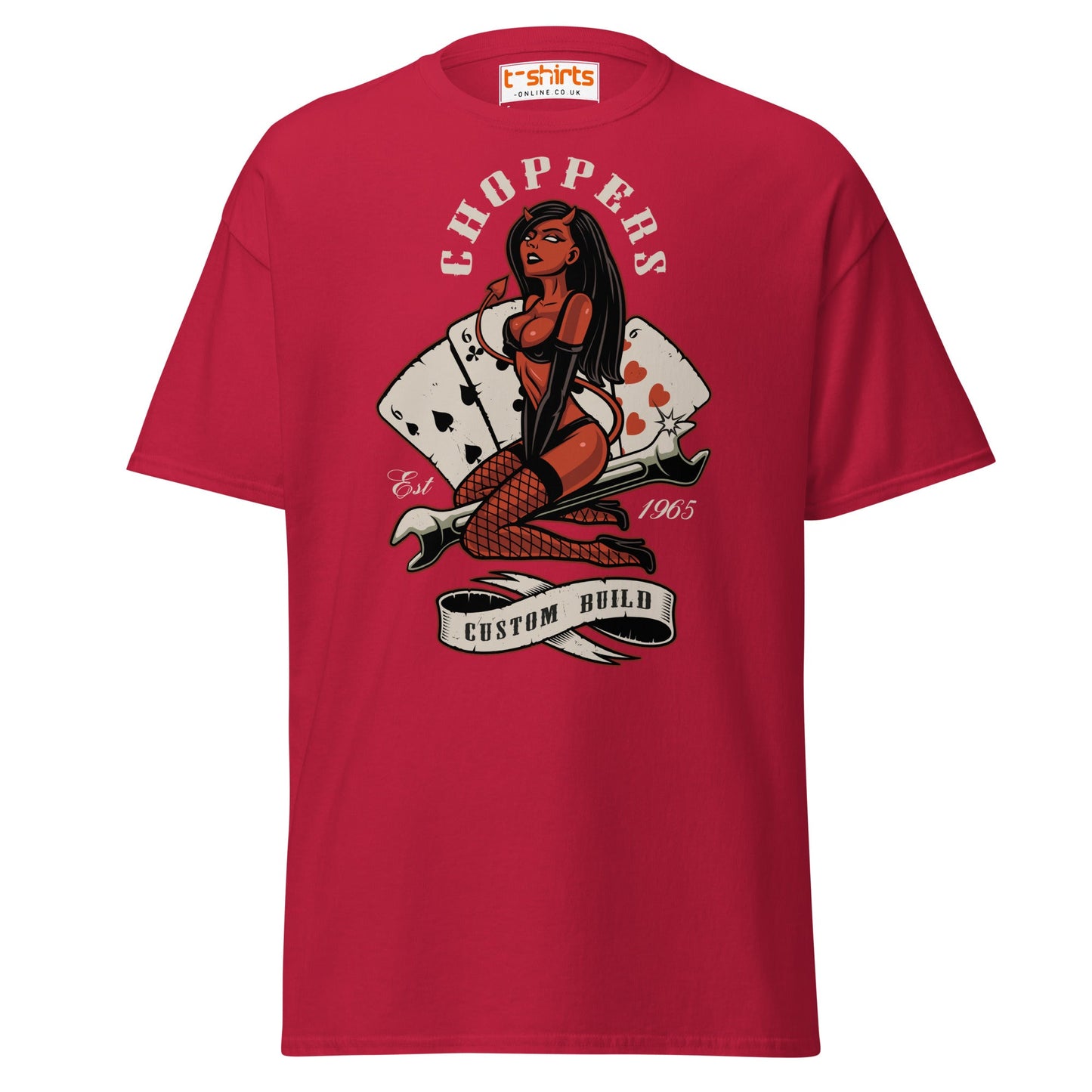 Choppers Custom Build T-Shirt | Retro Devil Pin - Up Tee - Cardinal - T-Shirts Online