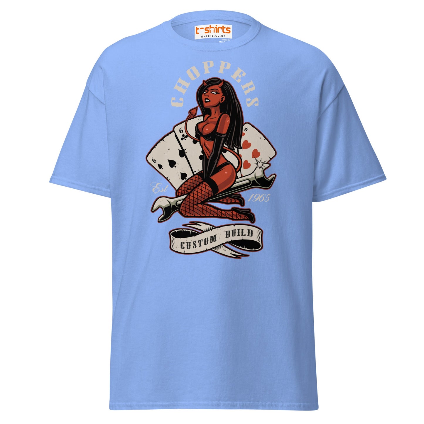 Choppers Custom Build T-Shirt | Retro Devil Pin - Up Tee - Carolina Blue - T-Shirts Online