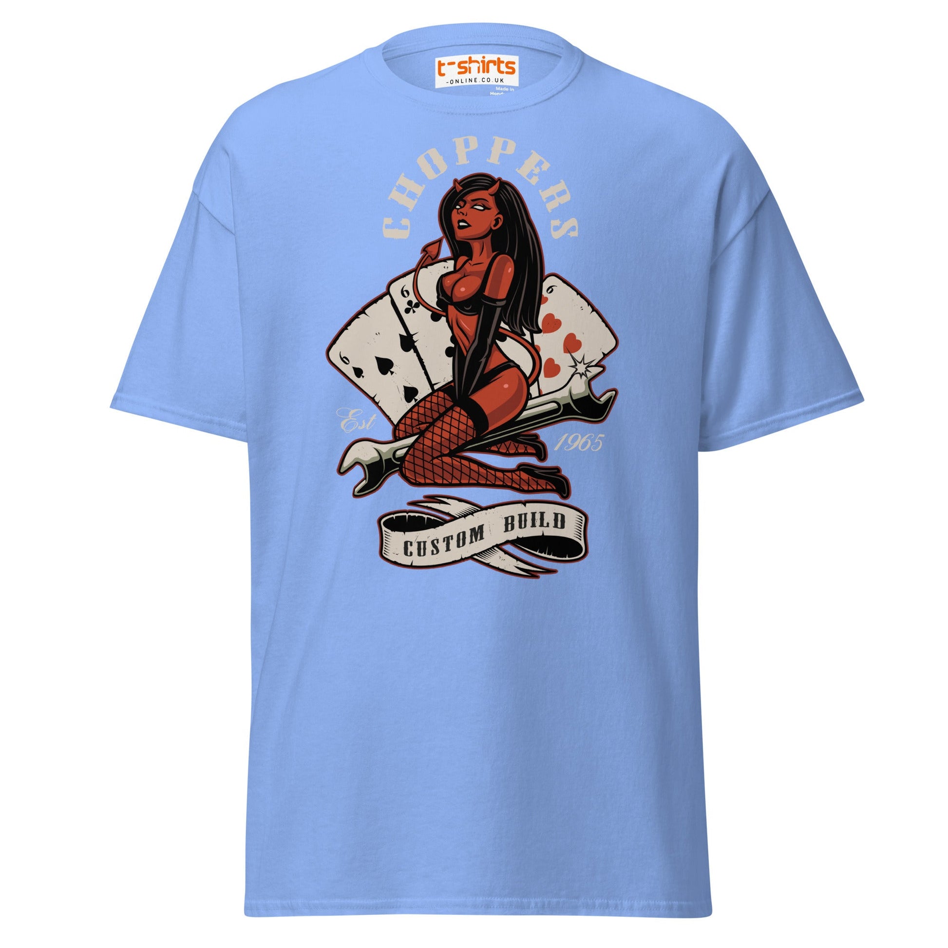 Choppers Custom Build T-Shirt | Retro Devil Pin - Up Tee - Carolina Blue - T-Shirts Online