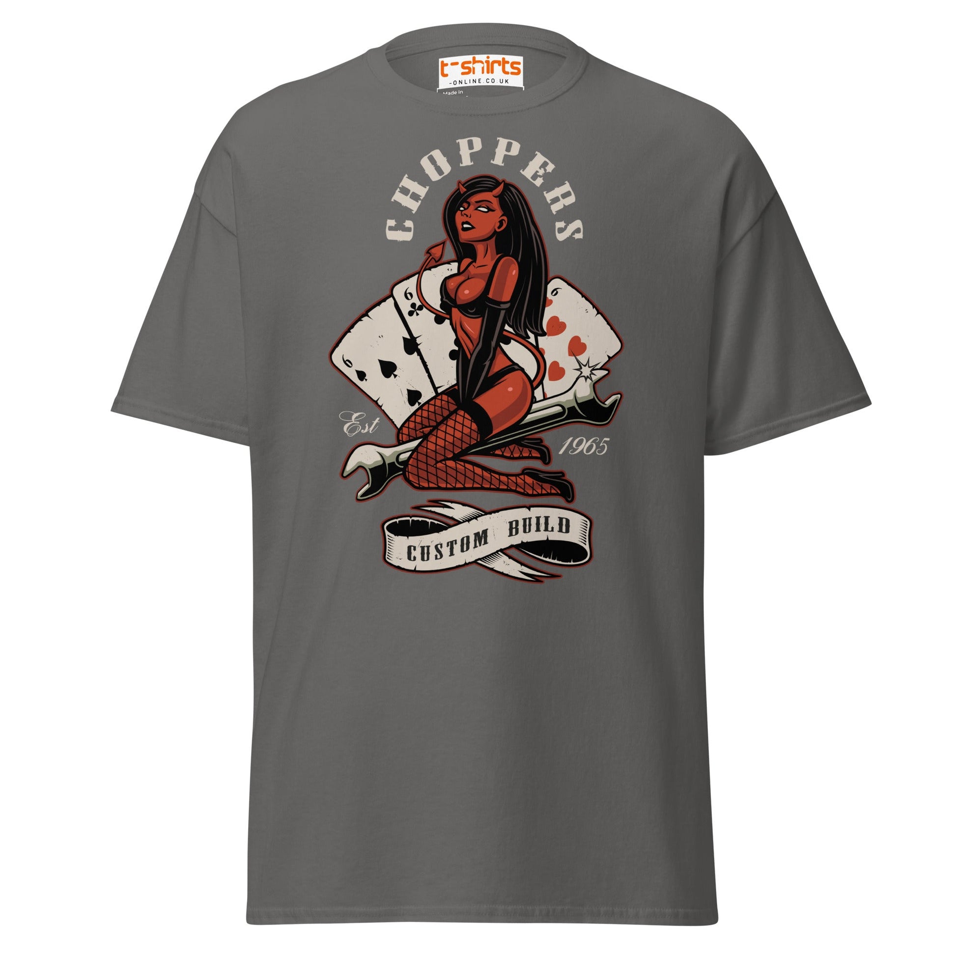 Choppers Custom Build T-Shirt | Retro Devil Pin - Up Tee - Charcoal - T-Shirts Online