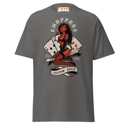 Choppers Custom Build T-Shirt | Retro Devil Pin - Up Tee - Charcoal - T-Shirts Online