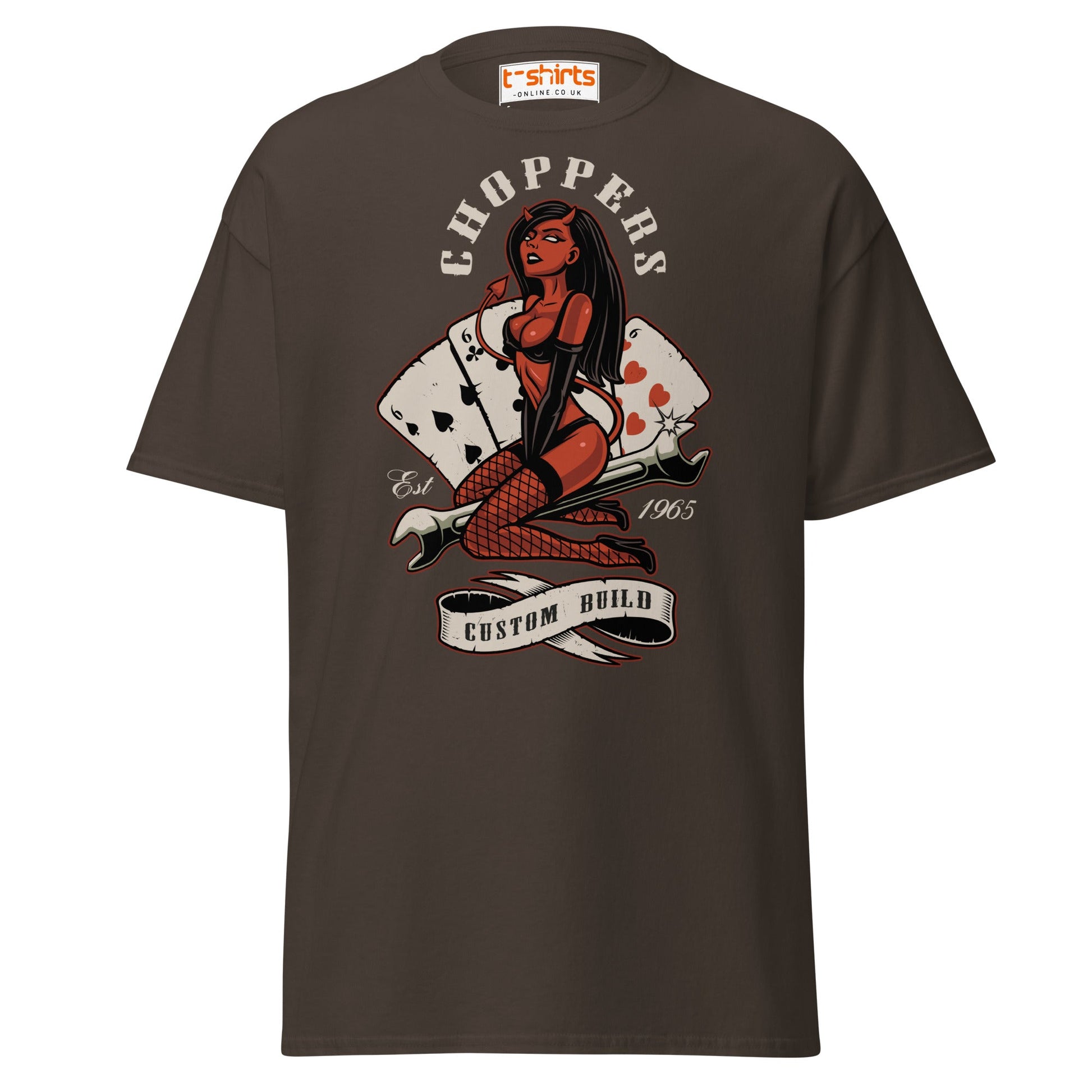 Choppers Custom Build T-Shirt | Retro Devil Pin - Up Tee - Dark Chocolate - T-Shirts Online