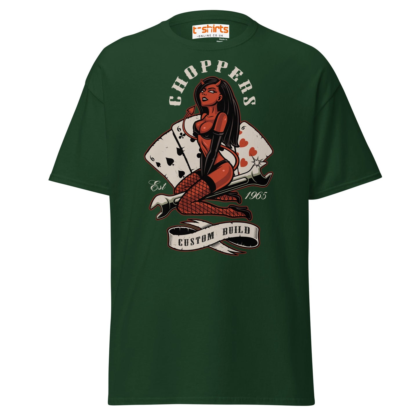 Choppers Custom Build T-Shirt | Retro Devil Pin - Up Tee - Forest Green - T-Shirts Online