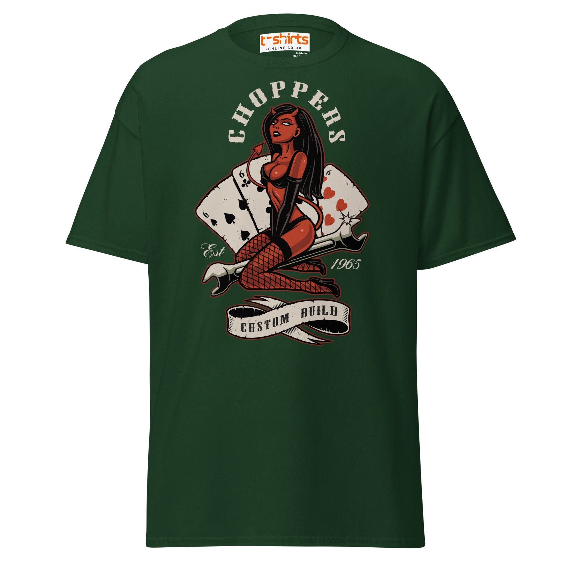 Choppers Custom Build T-Shirt | Retro Devil Pin - Up Tee - Forest Green - T-Shirts Online