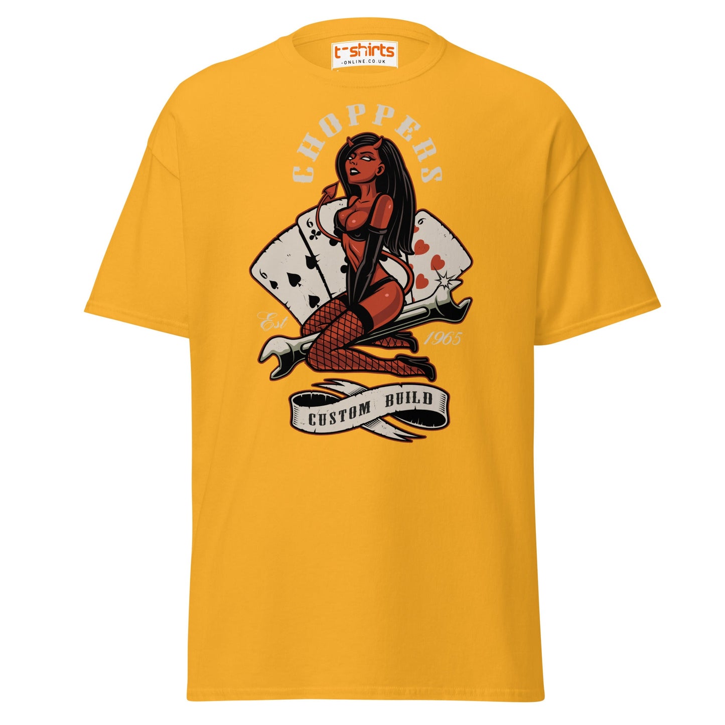 Choppers Custom Build T-Shirt | Retro Devil Pin - Up Tee - Gold - T-Shirts Online