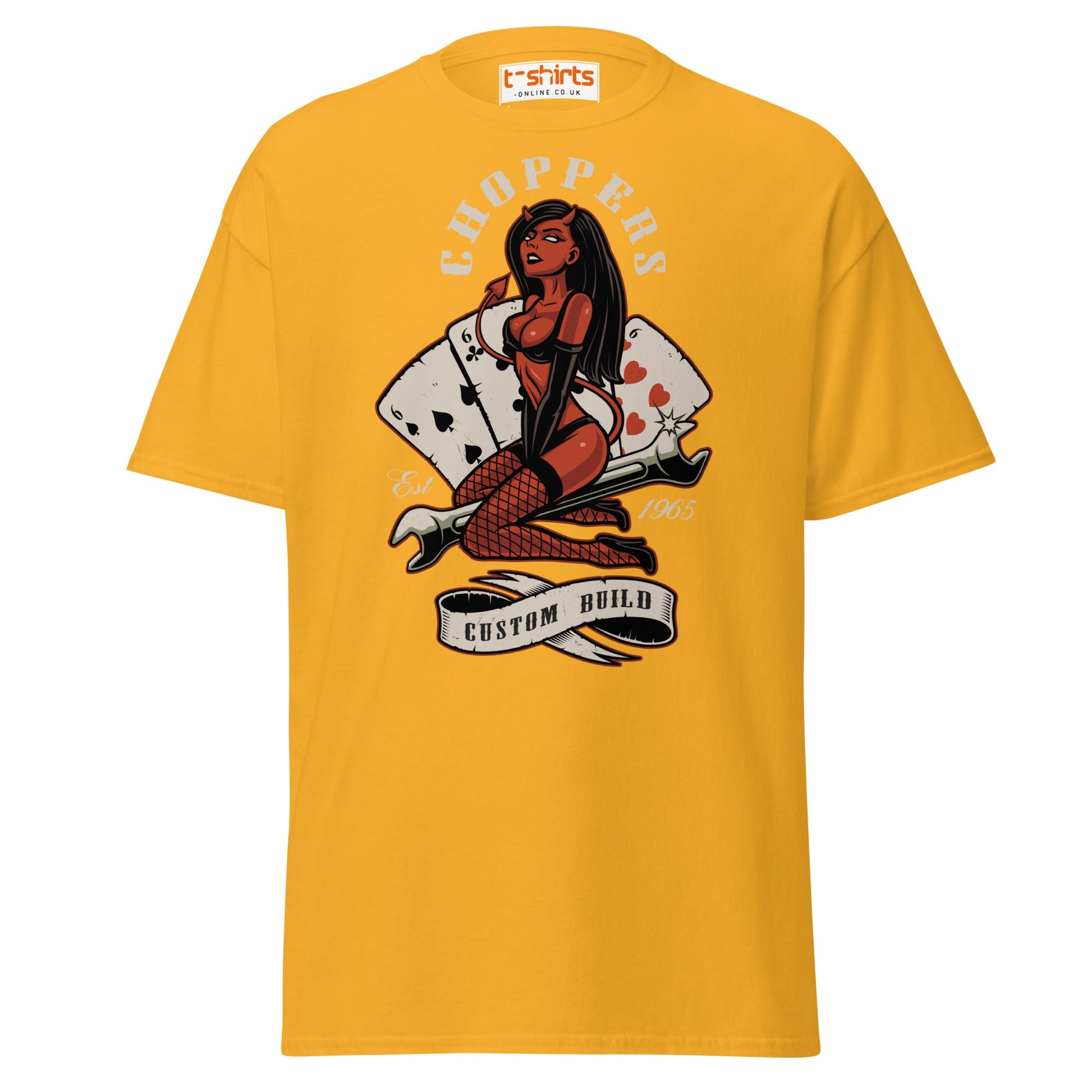 Choppers Custom Build T-Shirt | Retro Devil Pin - Up Tee - Gold - T-Shirts Online