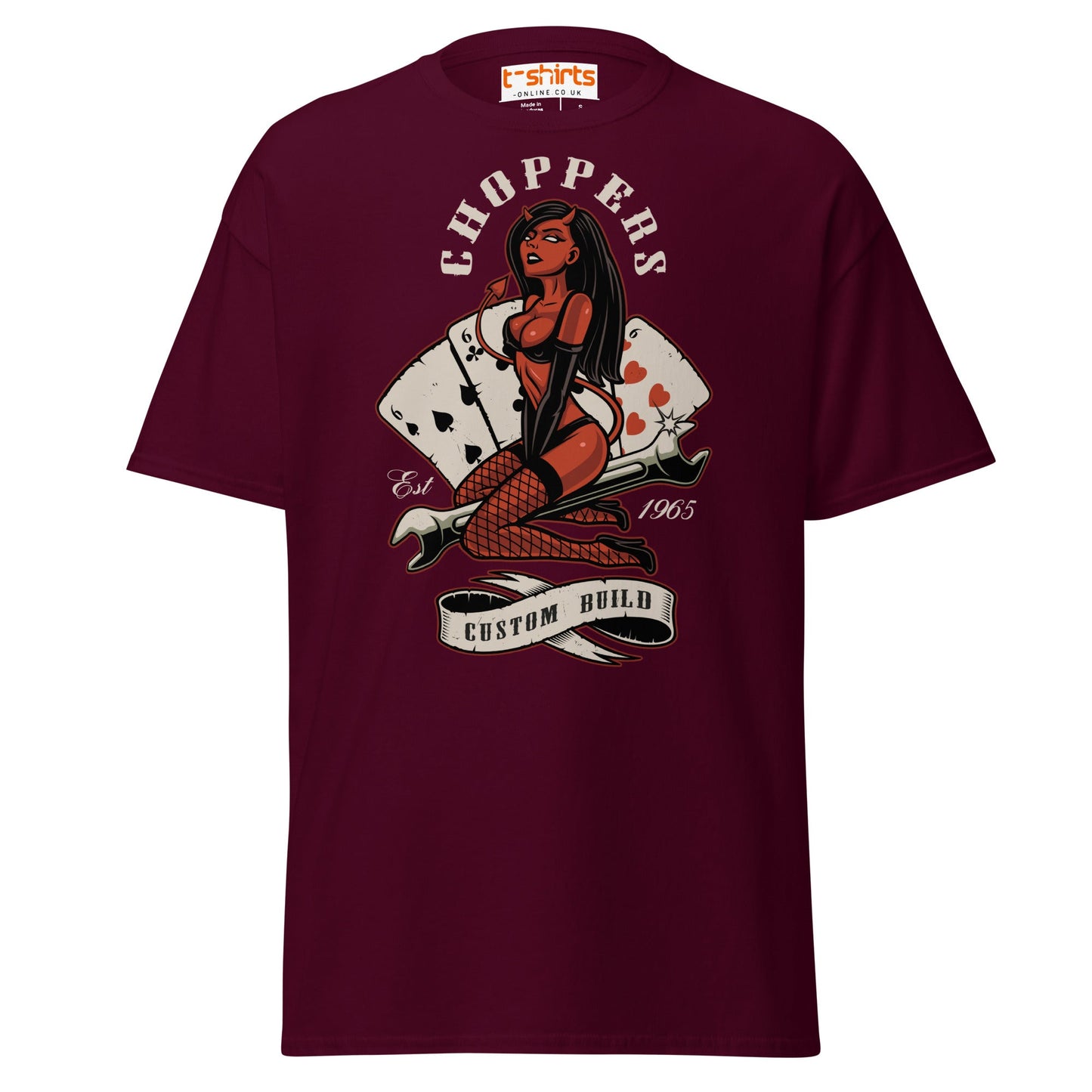 Choppers Custom Build T-Shirt | Retro Devil Pin - Up Tee - Maroon - T-Shirts Online