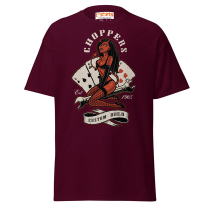 Choppers Custom Build T-Shirt | Retro Devil Pin - Up Tee - Maroon - T-Shirts Online