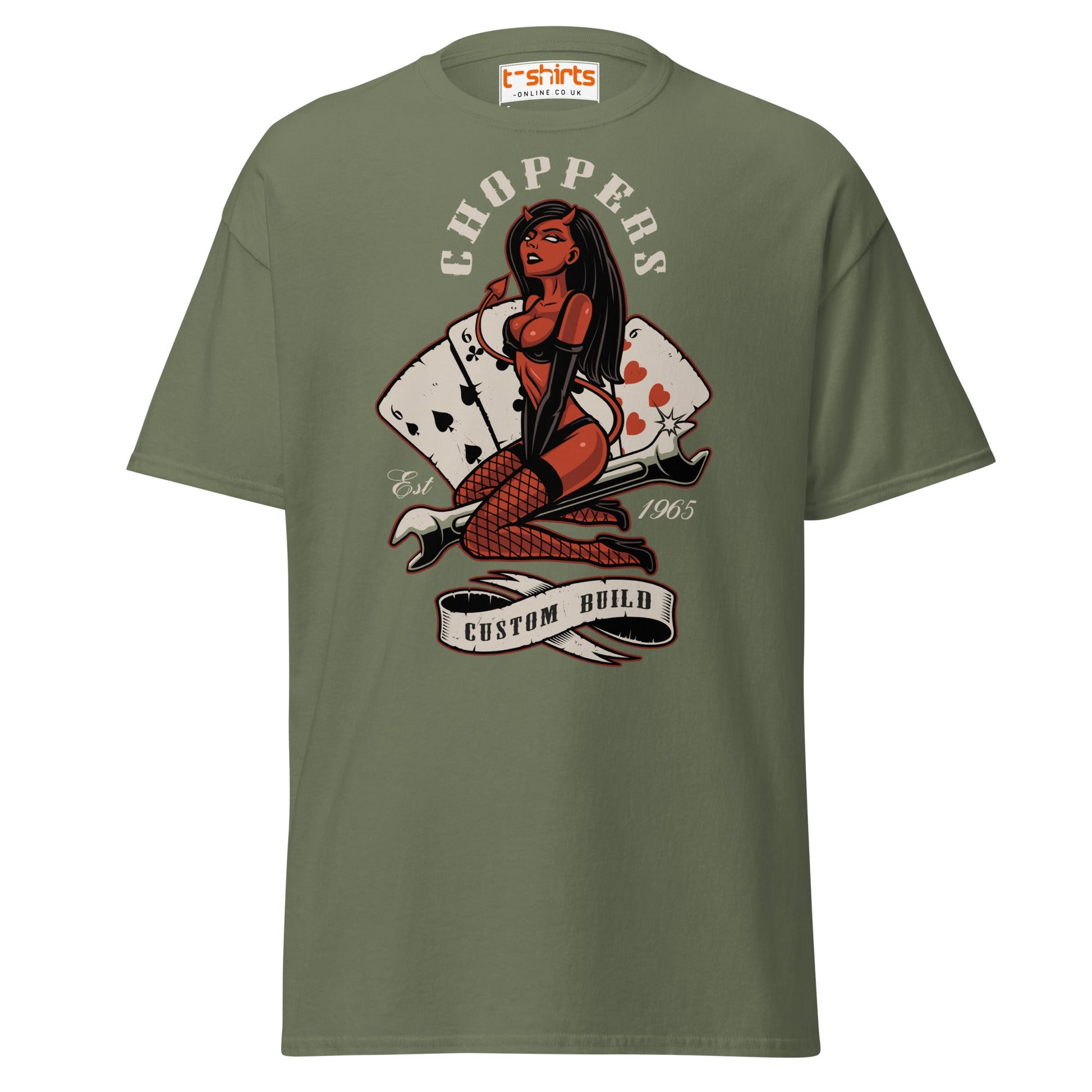 Choppers Custom Build T-Shirt | Retro Devil Pin - Up Tee - Military Green - T-Shirts Online