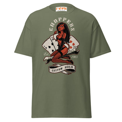 Choppers Custom Build T-Shirt | Retro Devil Pin - Up Tee - Military Green - T-Shirts Online