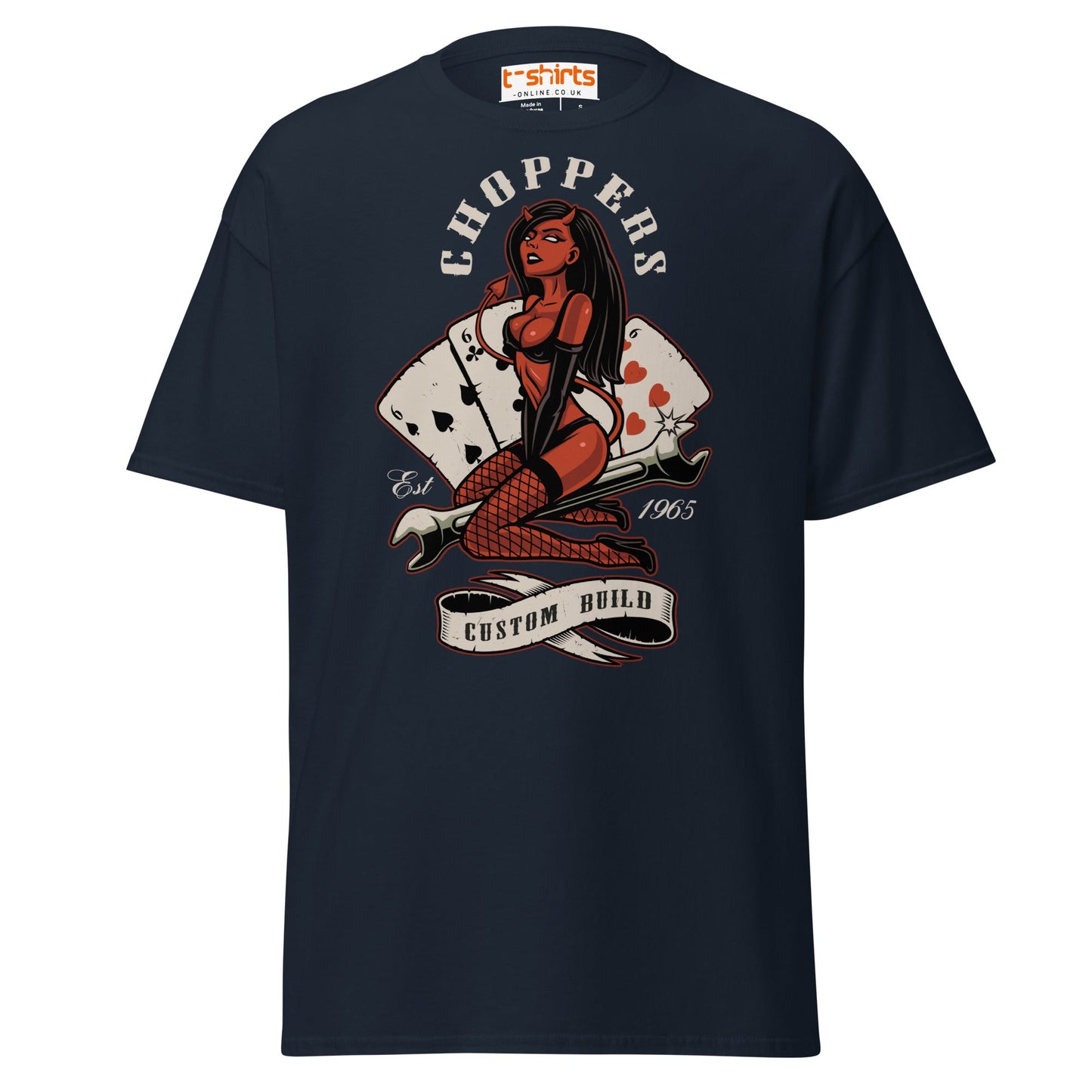 Choppers Custom Build T-Shirt | Retro Devil Pin - Up Tee - Navy - T-Shirts Online