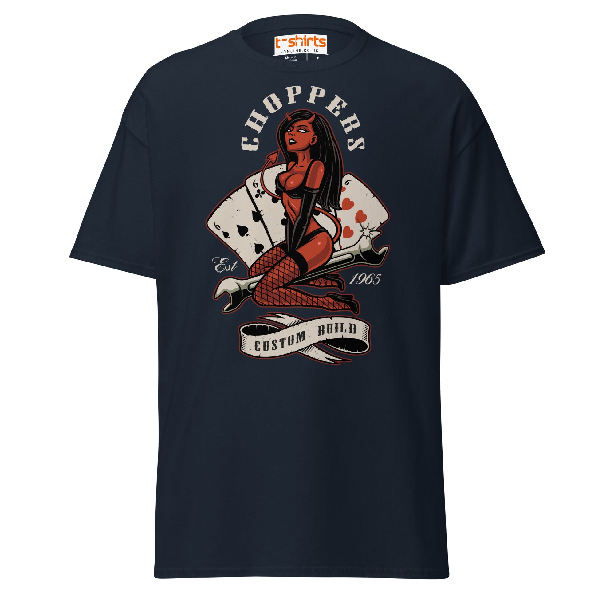 Choppers Custom Build T-Shirt | Retro Devil Pin - Up Tee - Navy - T-Shirts Online