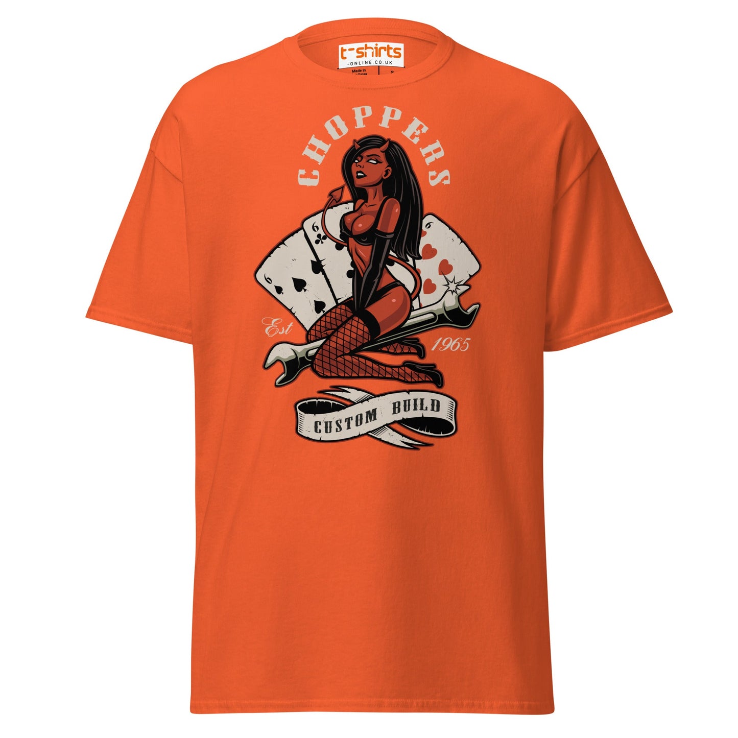 Choppers Custom Build T-Shirt | Retro Devil Pin - Up Tee - Orange - T-Shirts Online