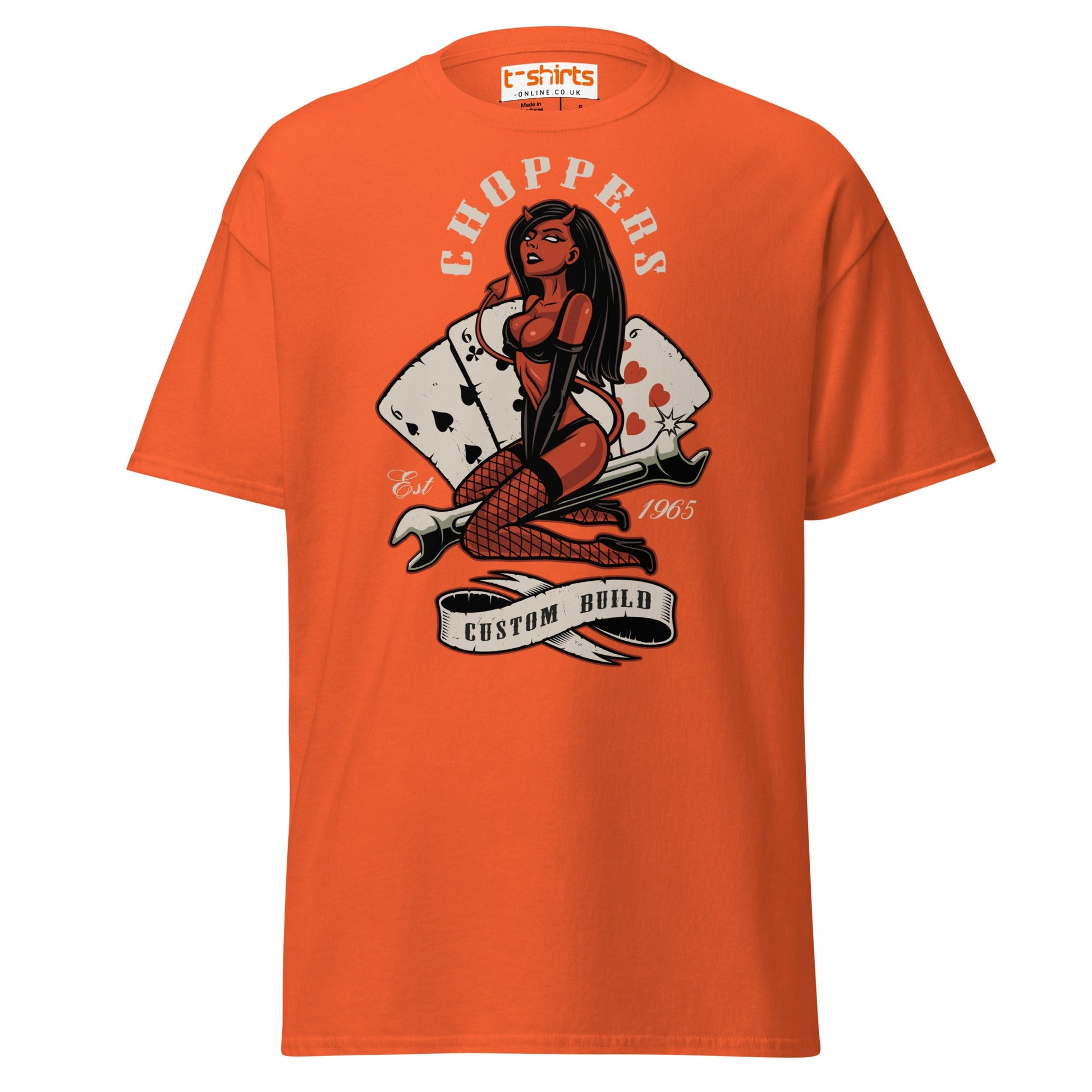Choppers Custom Build T-Shirt | Retro Devil Pin - Up Tee - Orange - T-Shirts Online