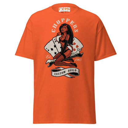 Choppers Custom Build T-Shirt | Retro Devil Pin - Up Tee - Orange - T-Shirts Online