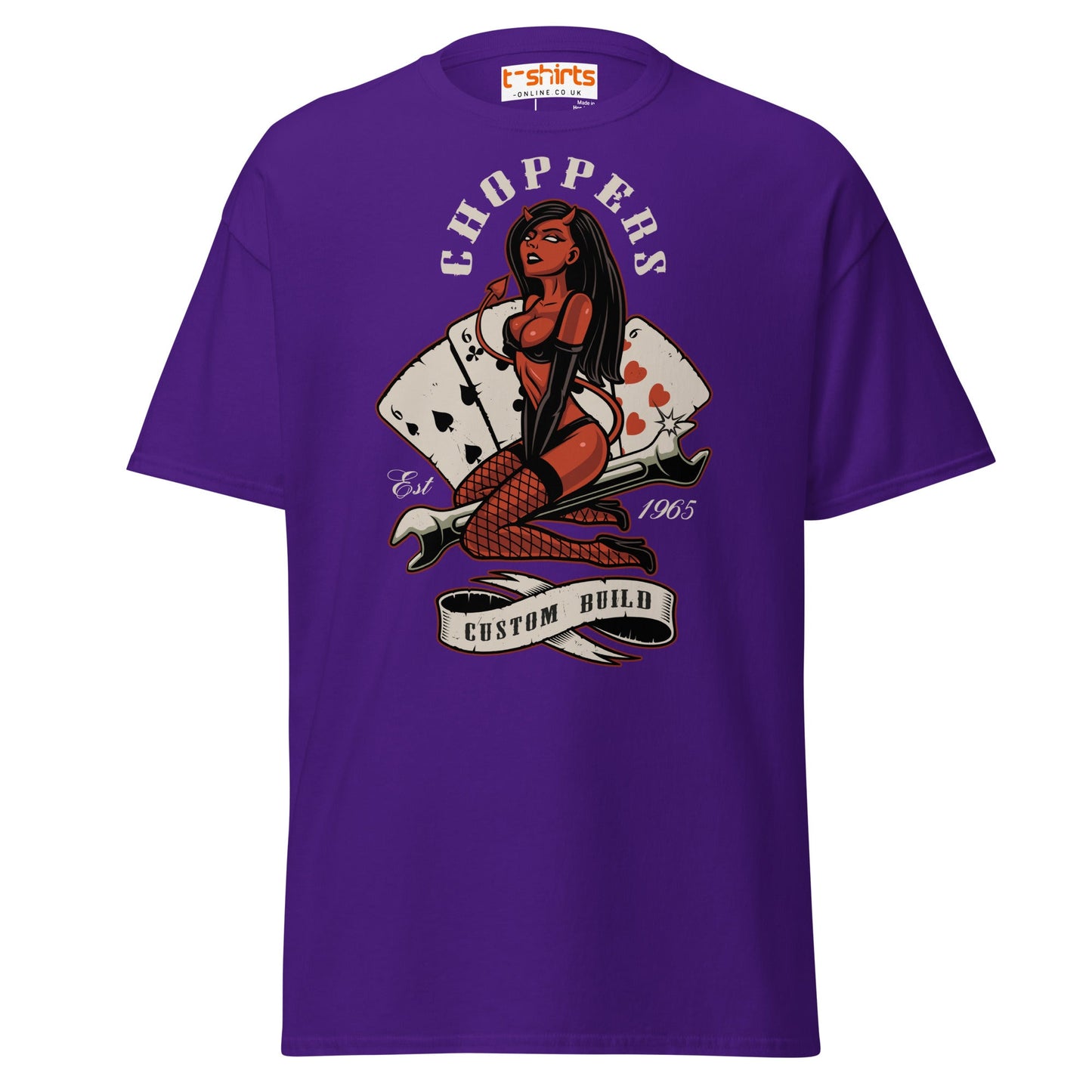 Choppers Custom Build T-Shirt | Retro Devil Pin - Up Tee - Purple - T-Shirts Online