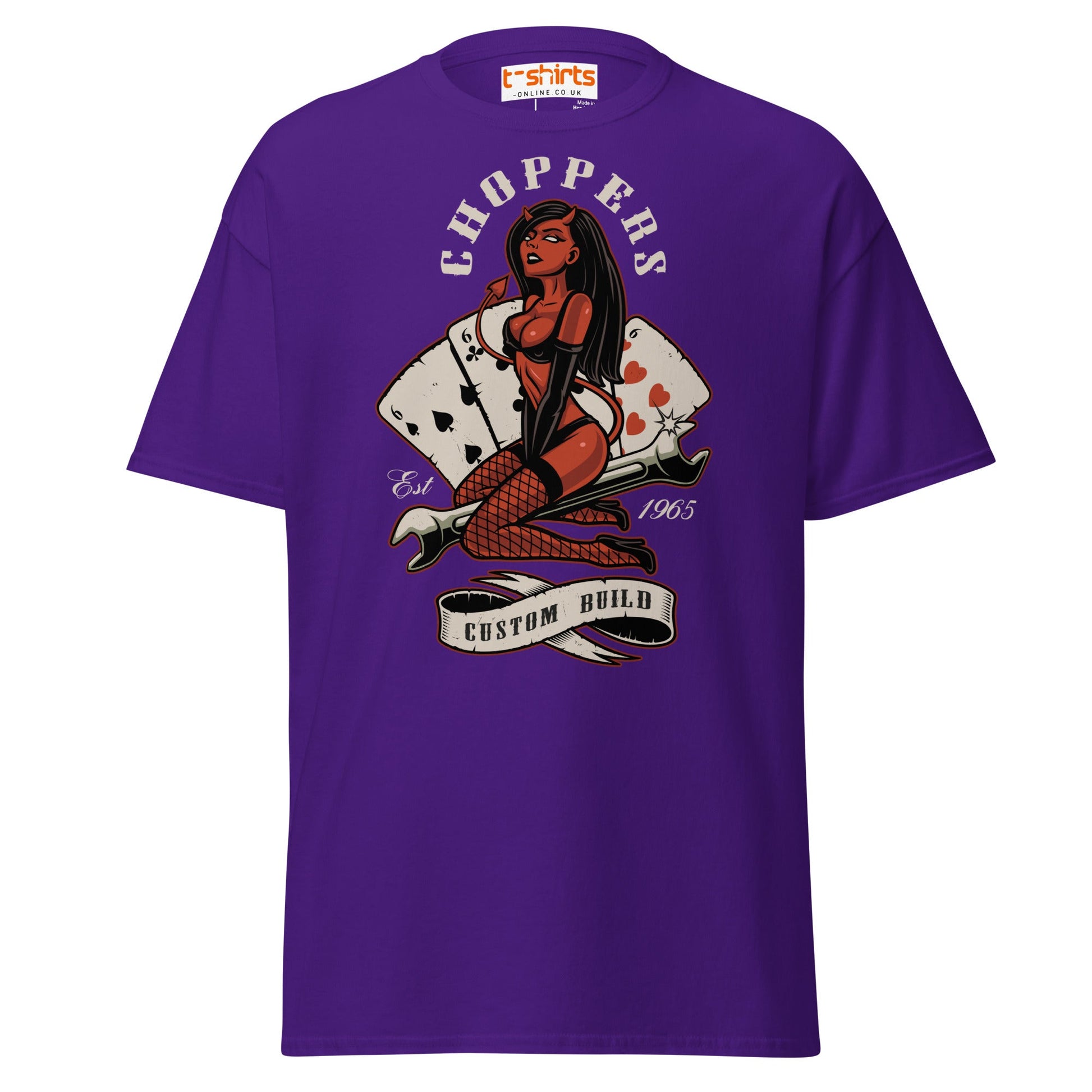 Choppers Custom Build T-Shirt | Retro Devil Pin - Up Tee - Purple - T-Shirts Online